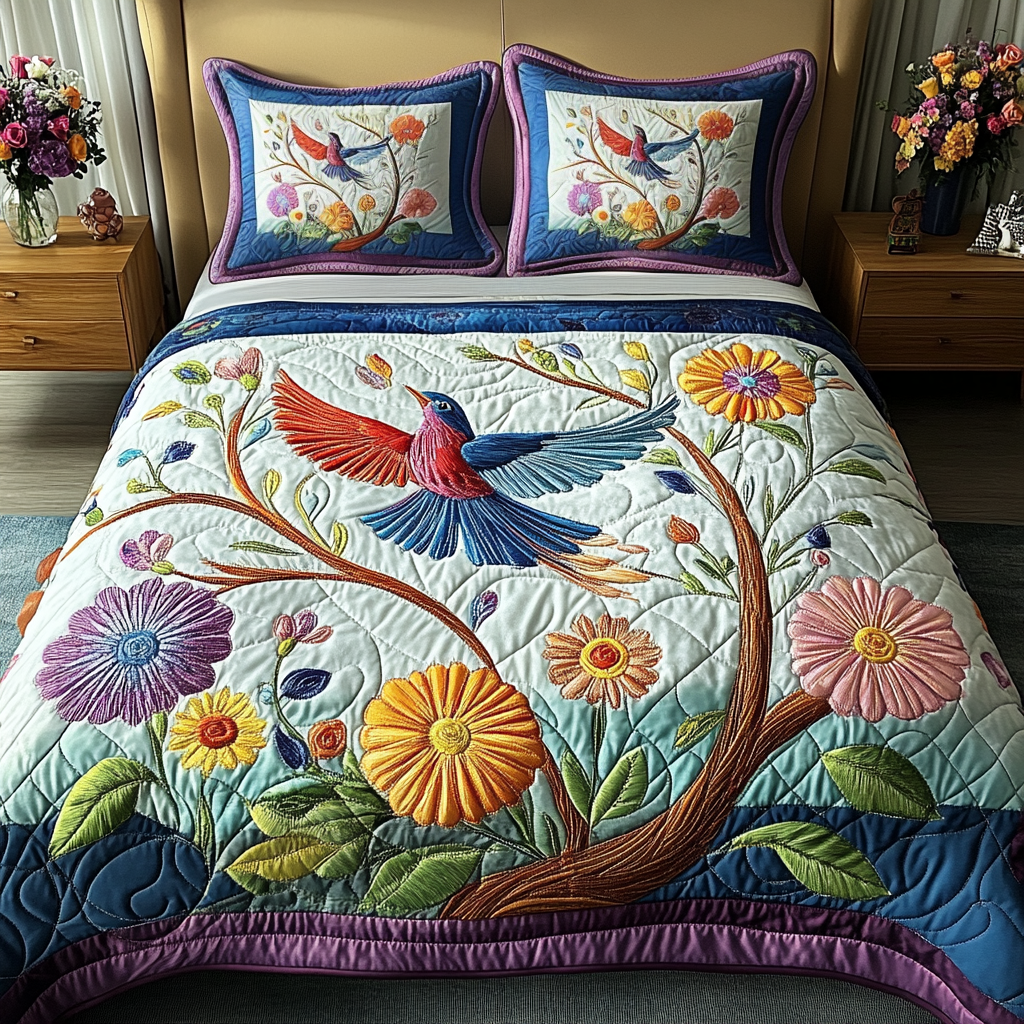 Floral Essence Quilted Bedding Set Bed Decor Gift Ideas For Bird Watchers