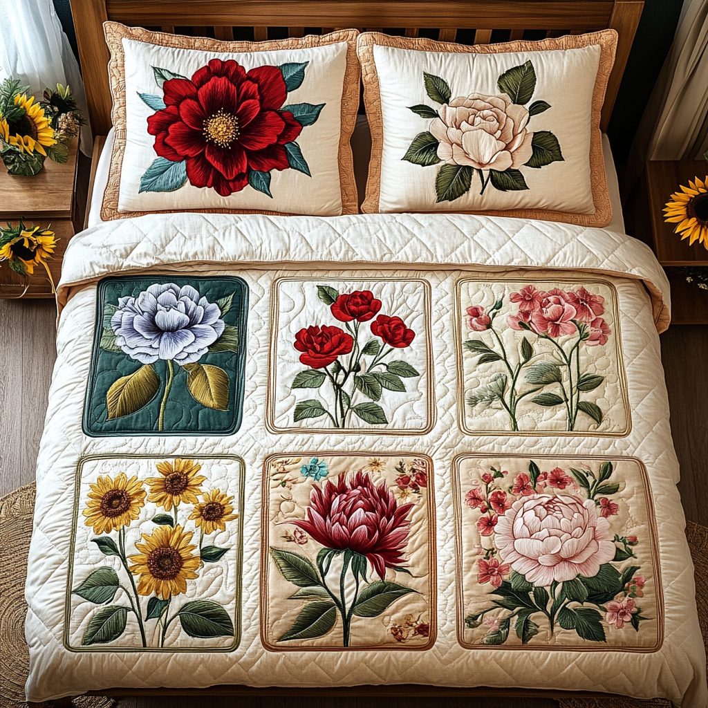 Floral Essence Quilted Bedding Set Unique Bed Sheet Set Presents For Flower Lovers