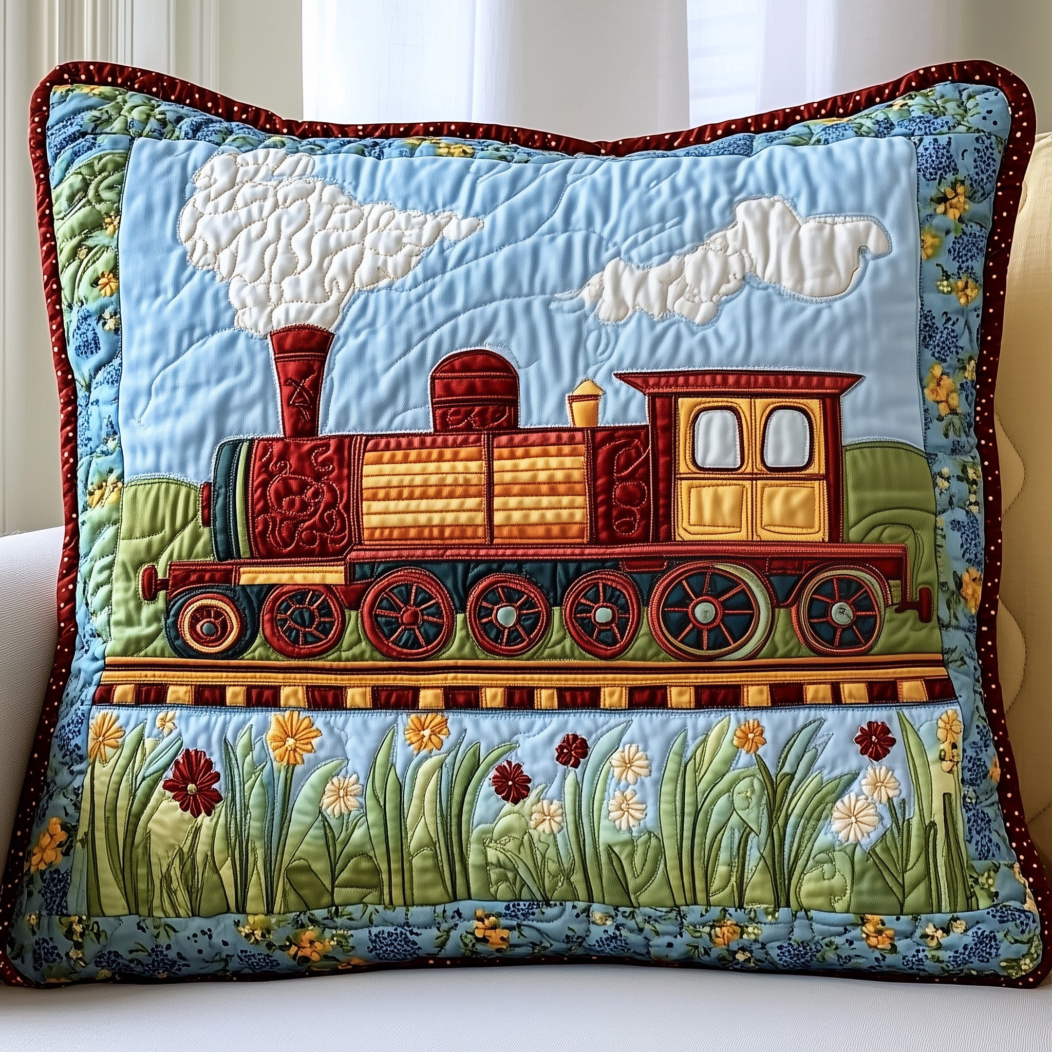 Floral Express Quilted Pillow Case Decorative Pillow Cover MerchPresents For Train Lovers
