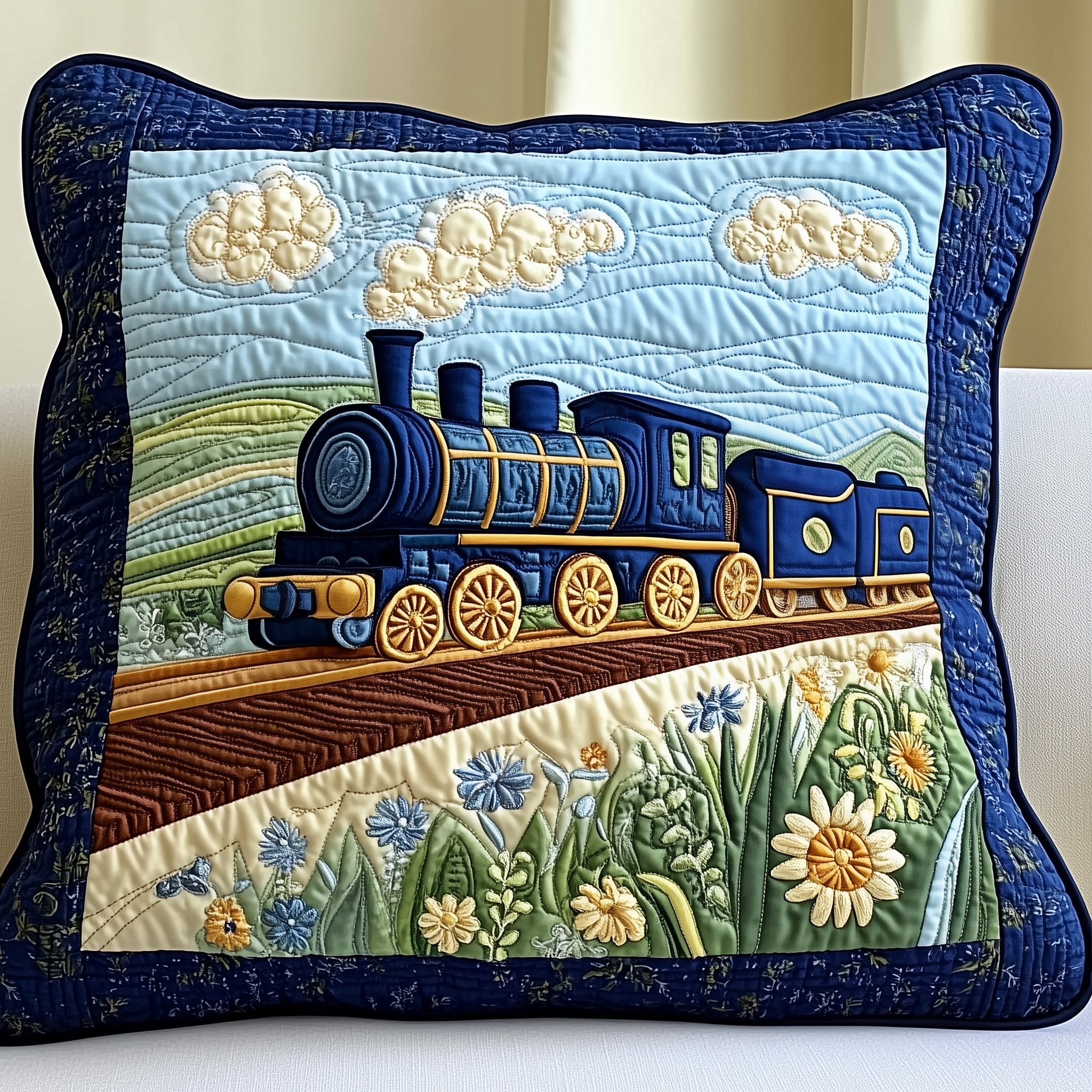 Floral Express Quilted Pillow Case Decorative Pillow Cover MerchTrain Themed Gifts Christmas