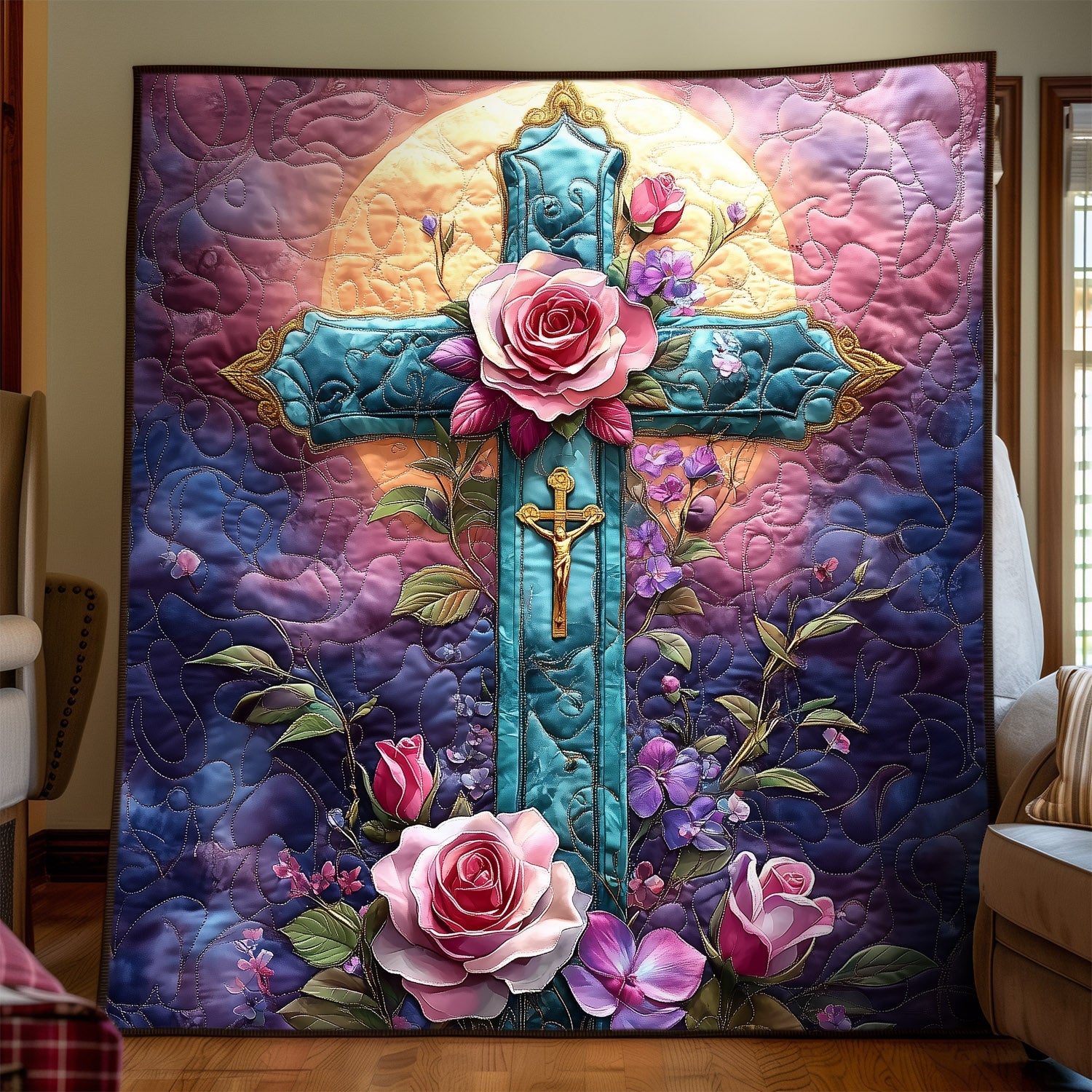 Floral Faith Cross Quilted Blanket Gift For Christian