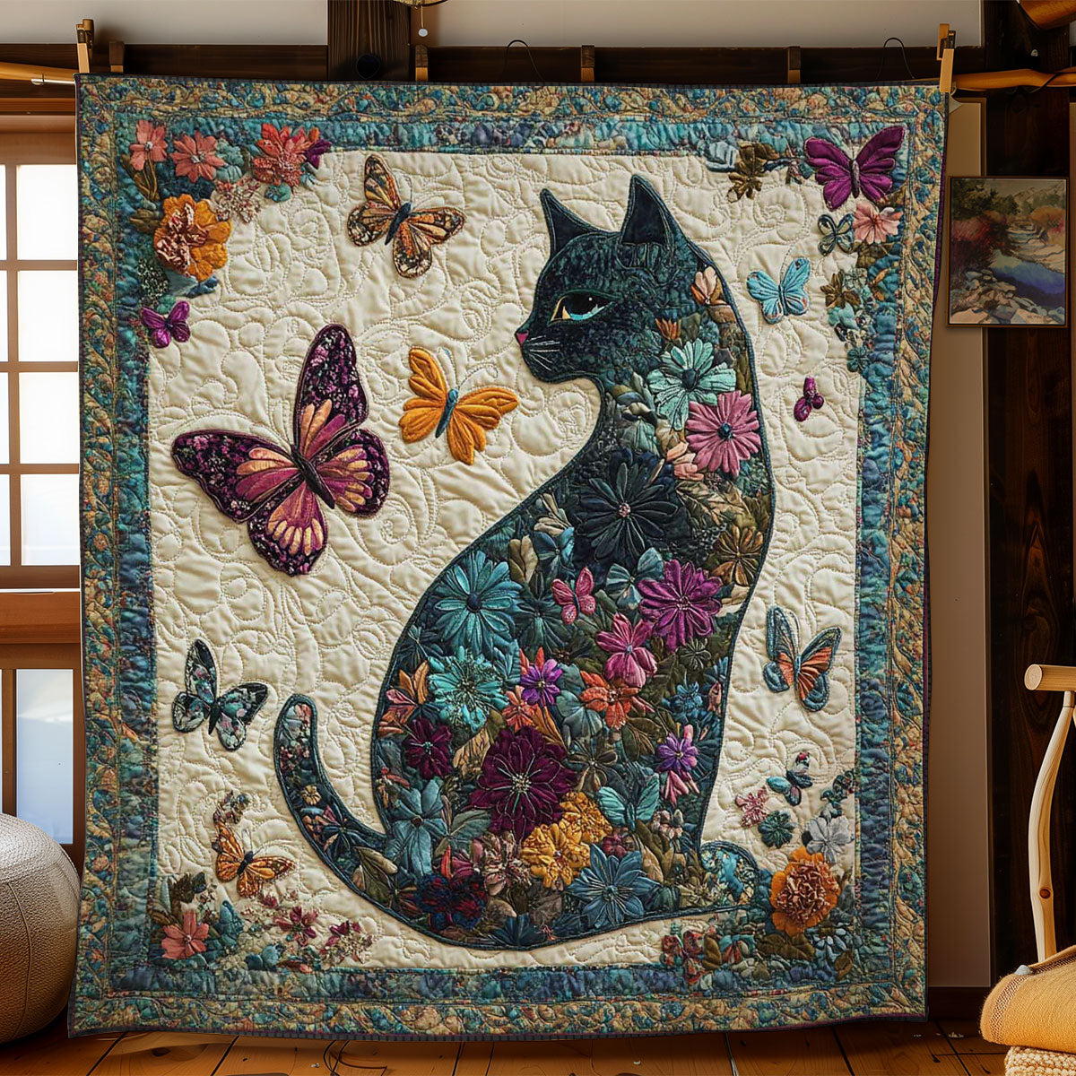 Floral Fantasy Cat Quilt Charming Quilt Blanket Gift for Festive Spirit