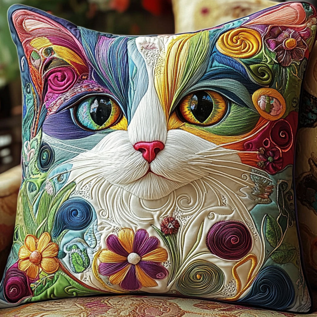 Floral Feline Art Quilted Pillow Case Decorative Throw Pillow Covers Cat Gifts For Him Her