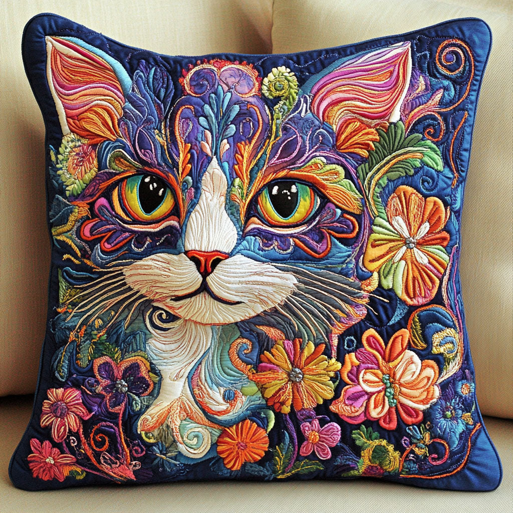Floral Feline Beauty Quilted Pillow Case Decorative Pillow Cases Cat Presents Christmas