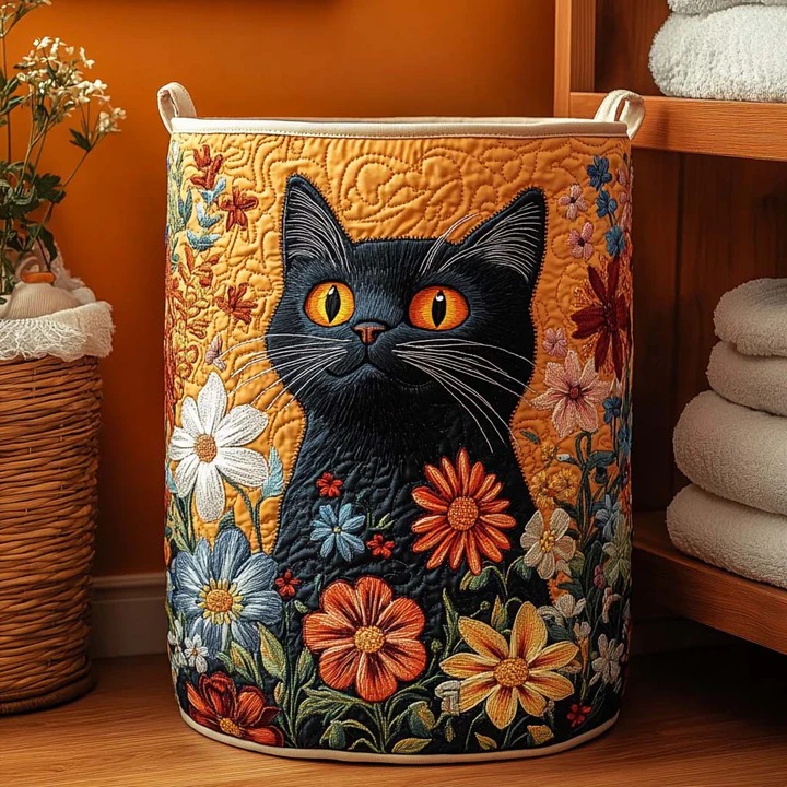 Floral Feline Black Cat Garden Quilted Laundry Basket Boho Home Storage Best Gift For Cat Lovers
