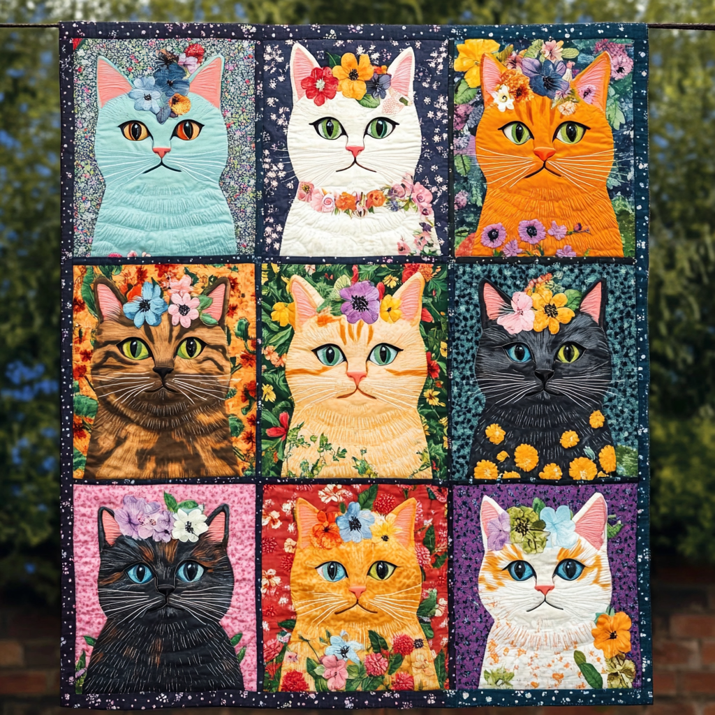 Floral Feline Fantasy Quilted Blanket Cute Blankets For Her