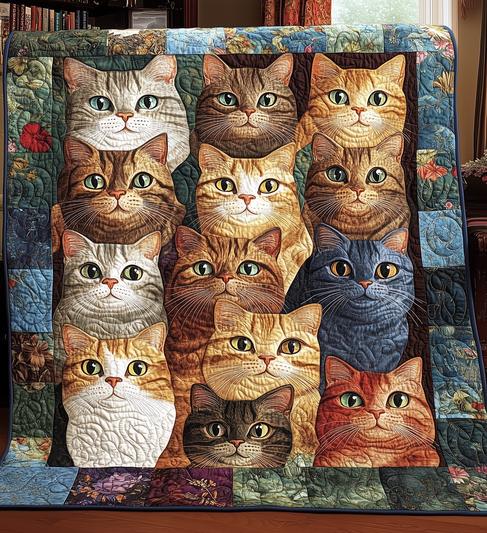 Floral Feline Quilted Blanket Novelty Gifts For Cat Lovers