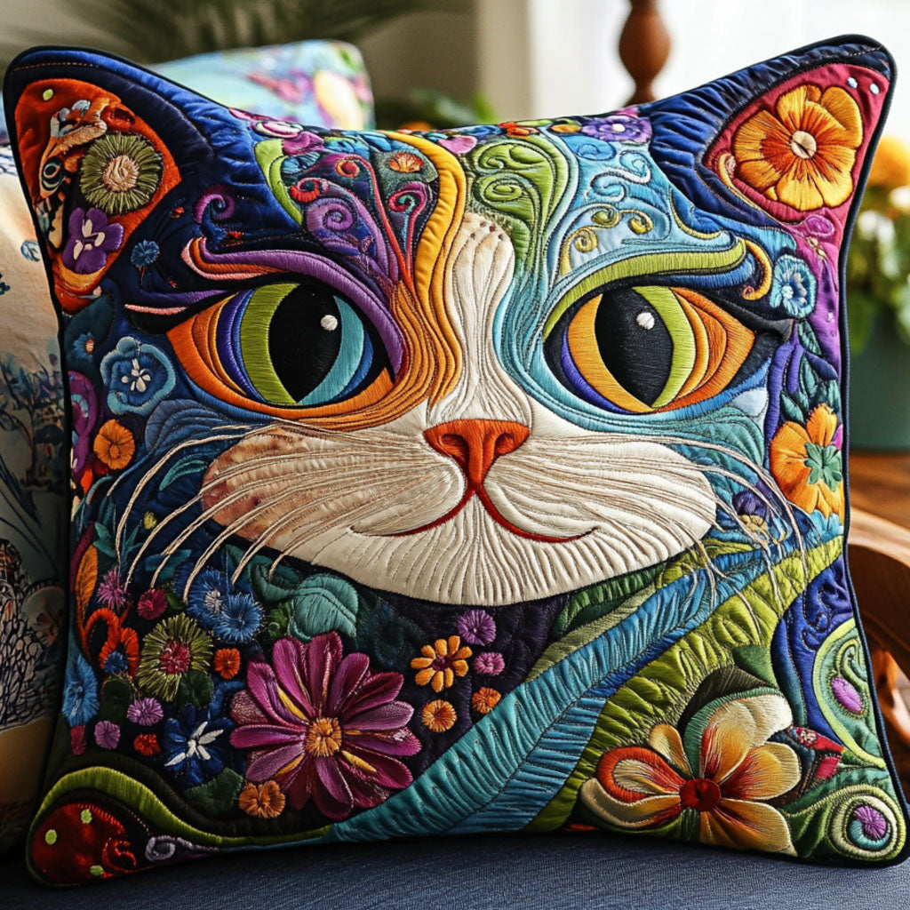 Floral Feline Wonder Quilted Pillow Case Throw Pillow Covers Gift Ideas For Cat Owners