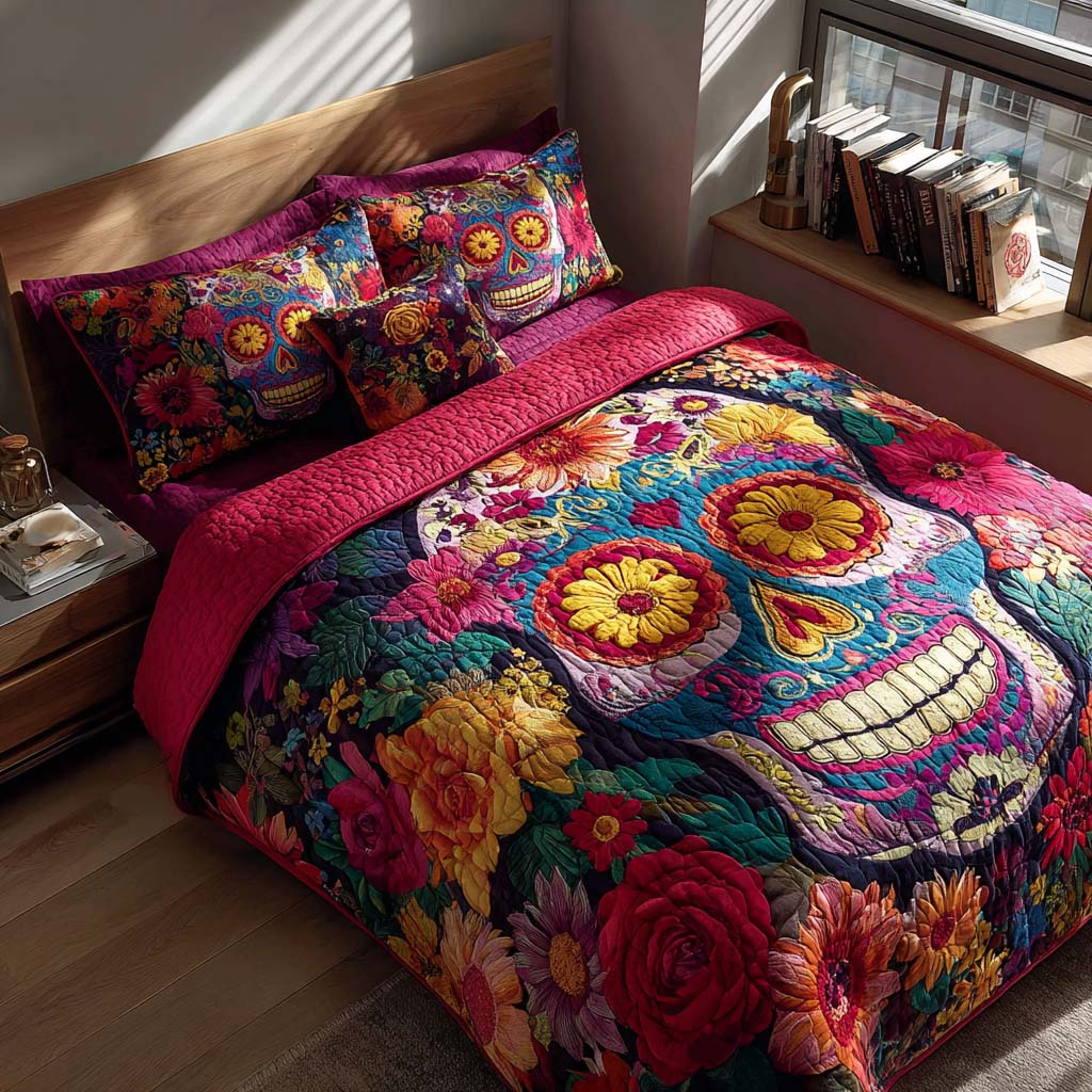 Floral Fiesta Skull Quilted Bedding Set Twin Duvet Covers Skull Inspired Gift For Wife