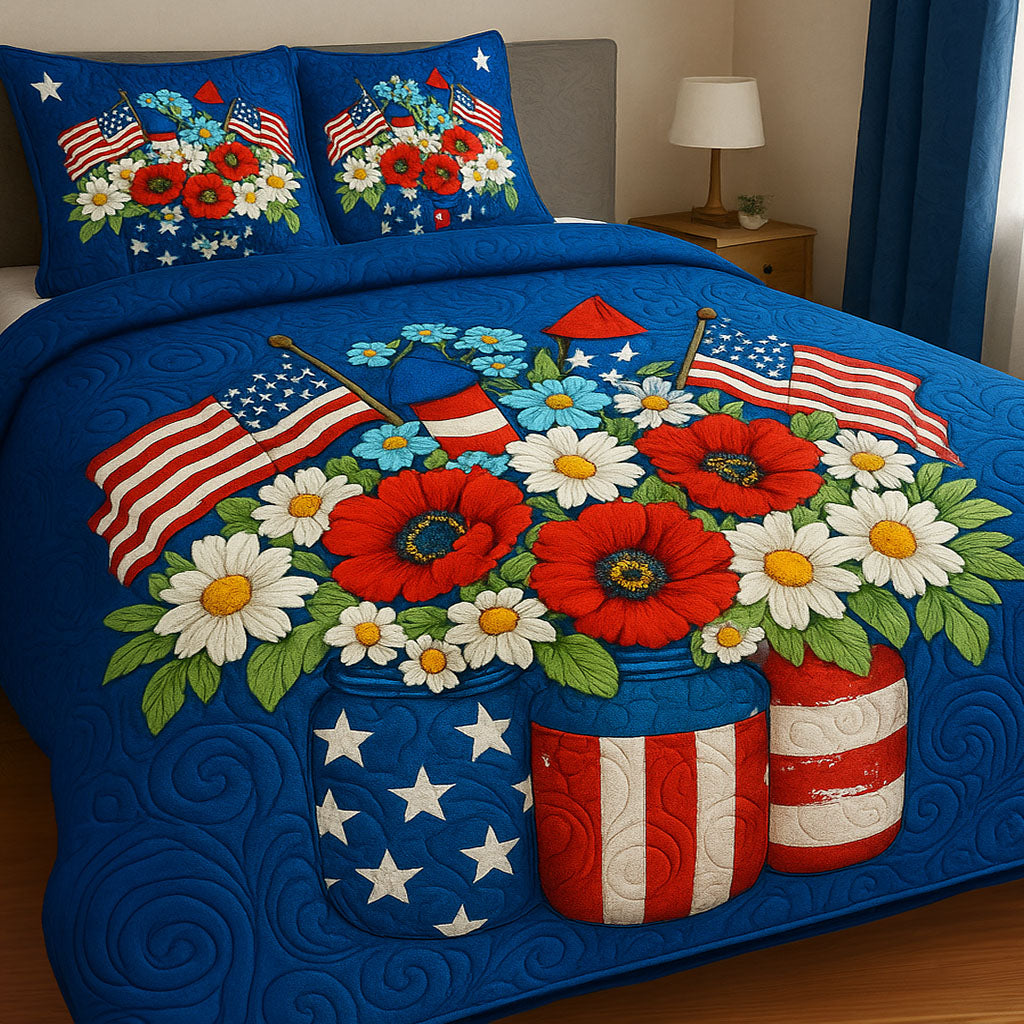 Floral Fireworks Quilted Bedding Set Unique Bed Sheet Set Patriotic Gift Ideas