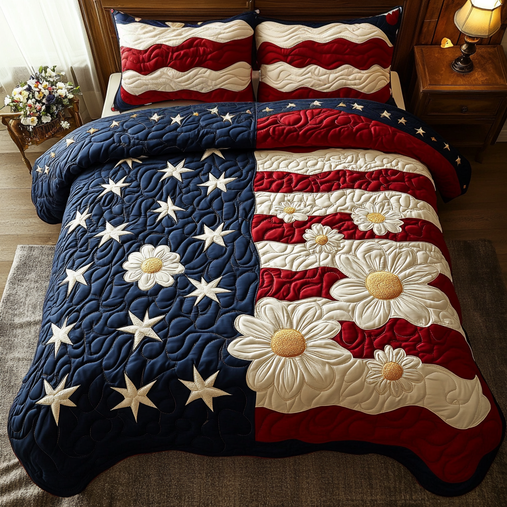 Floral Flag Quilted Bedding Set Beautiful Printed Bedding Set for Home Aesthetics