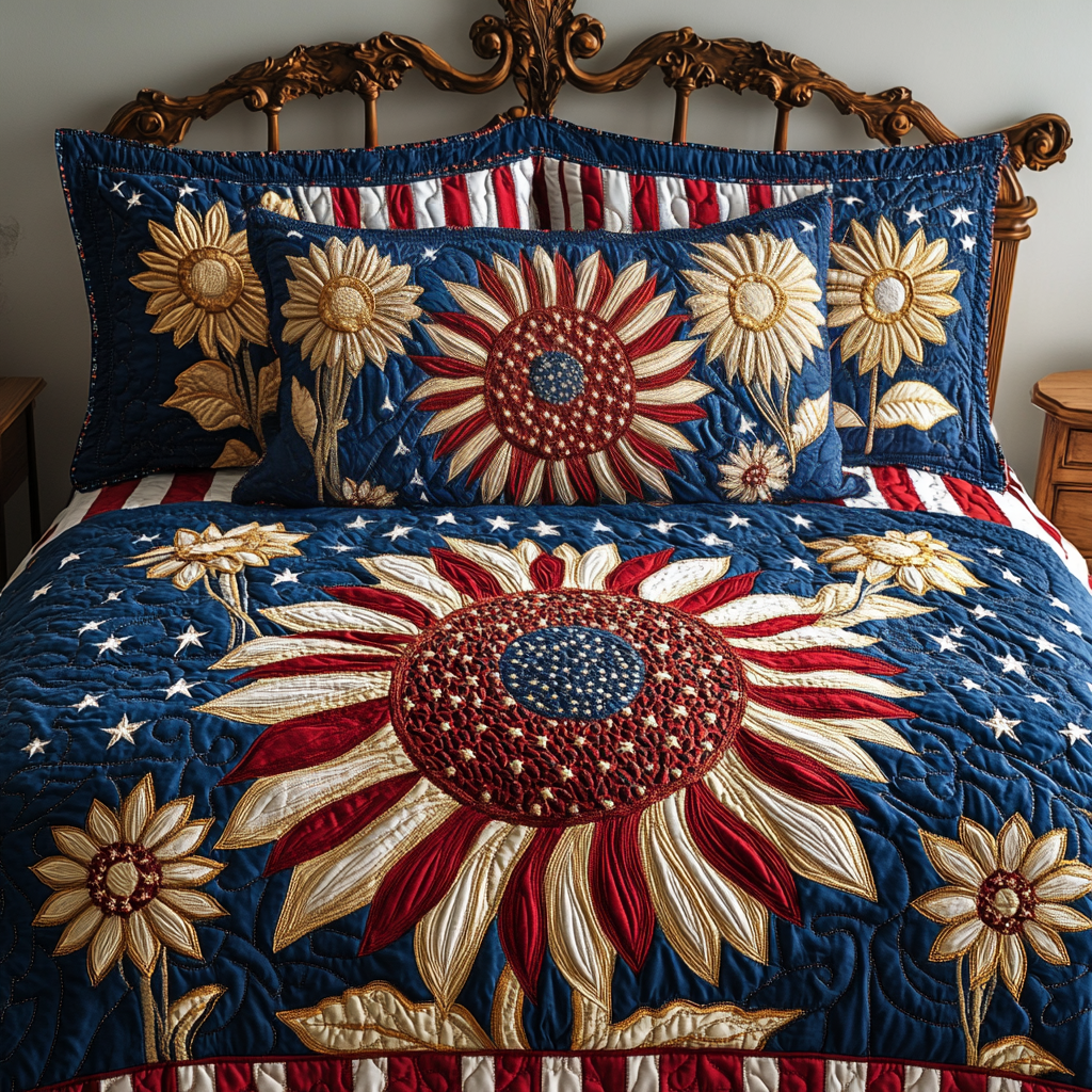 Floral Flag Quilted Bedding Set Bed Room Decoration Patriotic Gift Items
