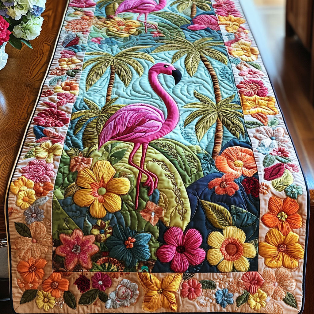 Floral Flamingo Fantasy Quilted Table Runner Kitchen Decor Gifts For Flamingo Lovers