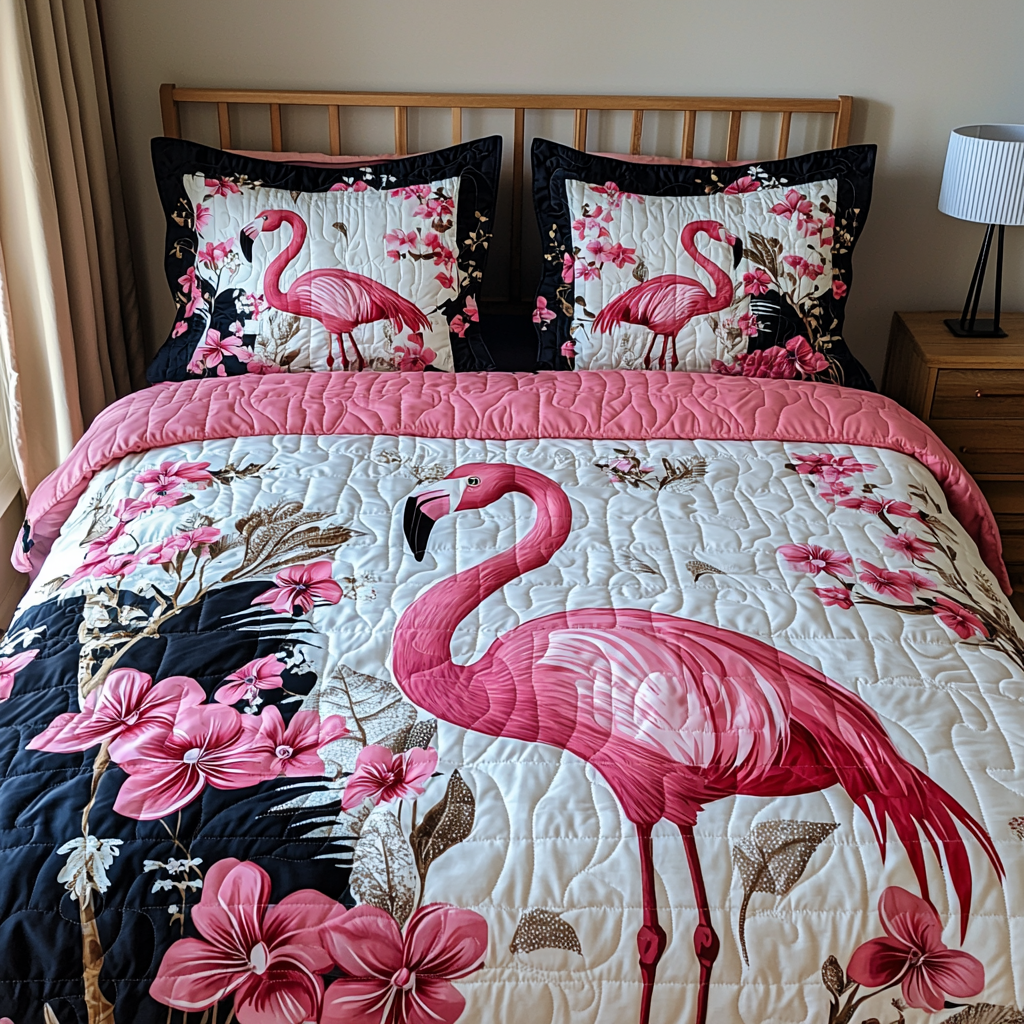 Floral Flamingo Quilted Bedding Set Cute Room Decor Flamingo Novelty Gifts