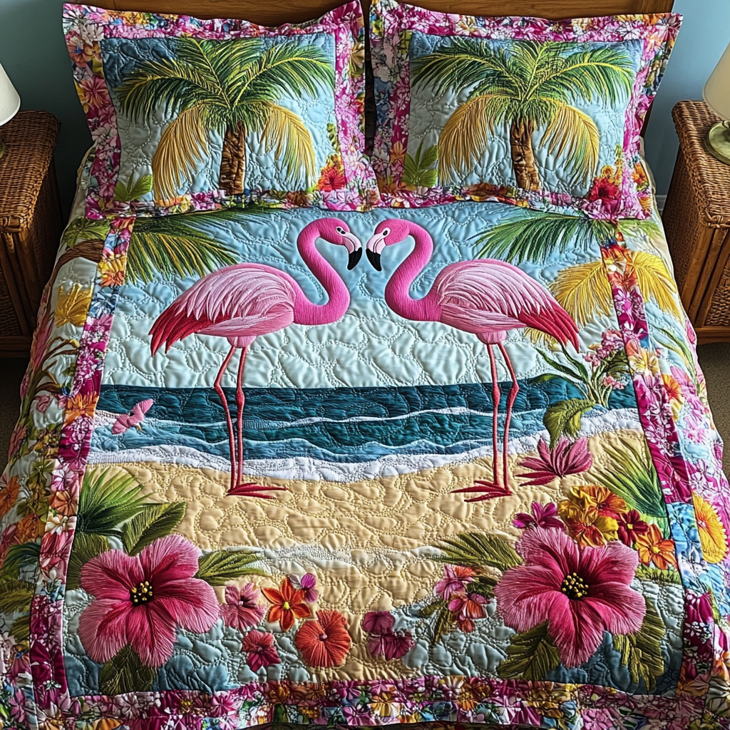 Floral Flamingo Quilted Bedding Set Cute Room Decor Gifts For Flamingo Lovers