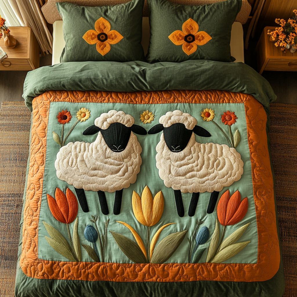 Floral Fleece Quilted Bedding Set Bed Decorations Sheep Themed Gifts