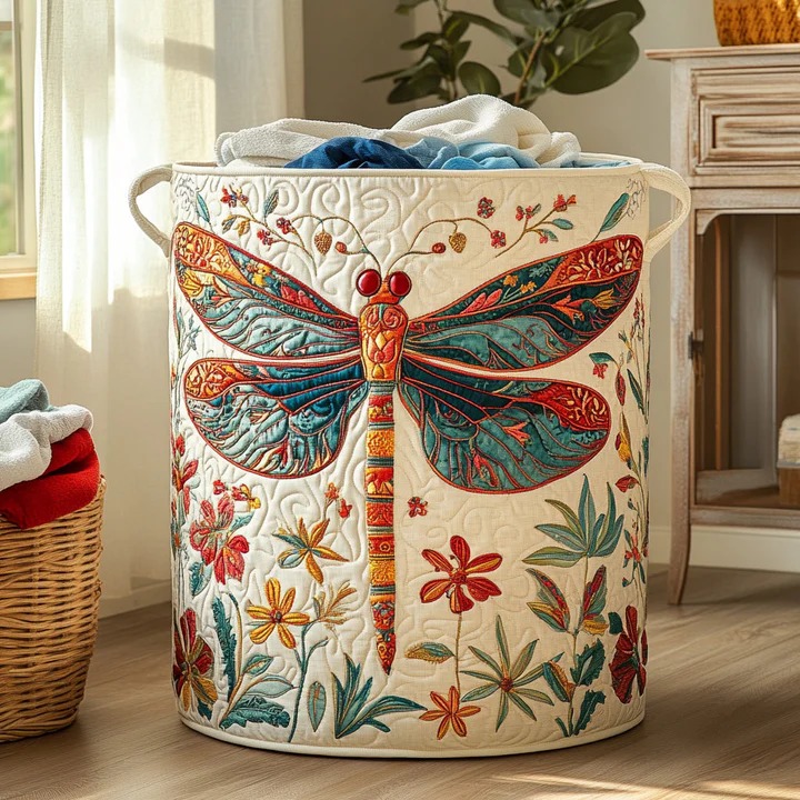 Floral Flight Dragonfly Boho Quilted Laundry Basket Garden Home Organizer Best Gift For Nature Lovers
