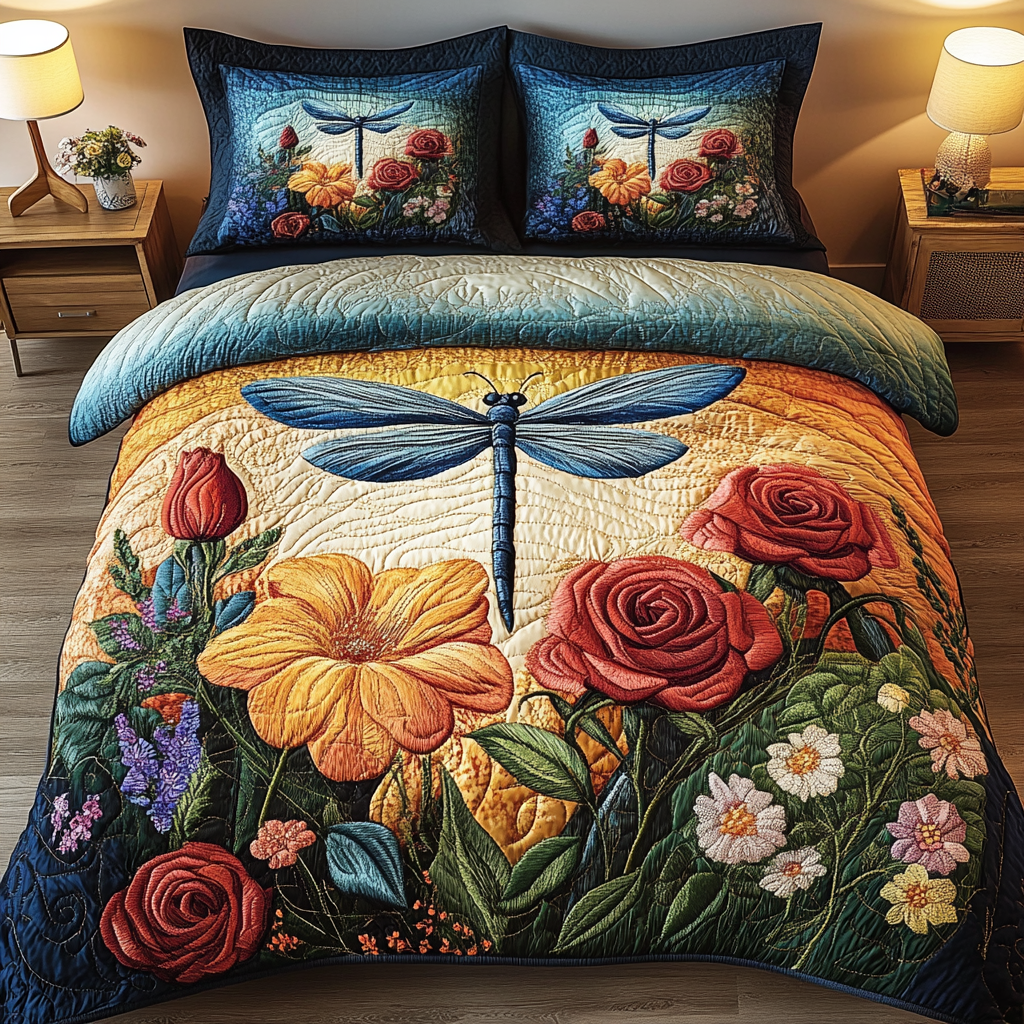 Floral Flight Quilted Bedding Set Bed Decorations Cute Dragonfly Lover Ideas For Gifts