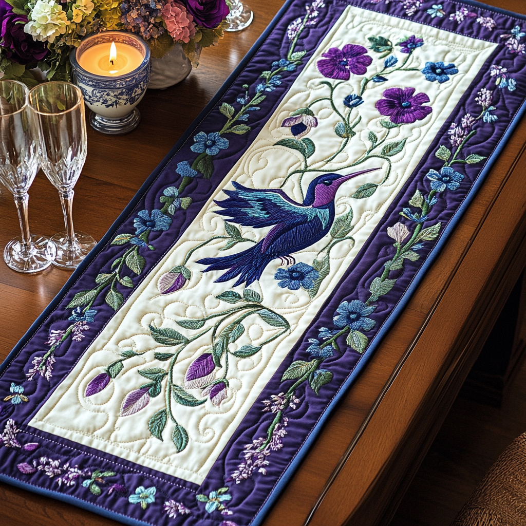 Floral Flight Quilted Table Runner Dining Table Decor Cool Gifts For Hummingbird Lovers