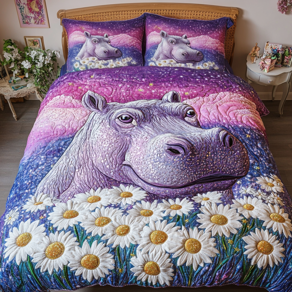 Floral Float Quilted Bedding Set Bedspread Set Gifts For Hippo Lovers