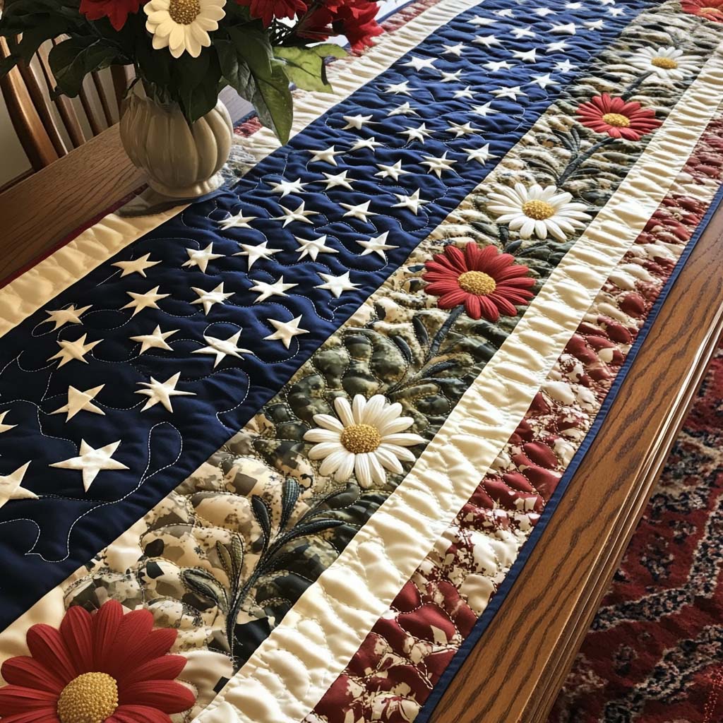 Floral Freedom Quilted Table Runner Holiday Dining Table Decor Gifts For A Patriotic Person