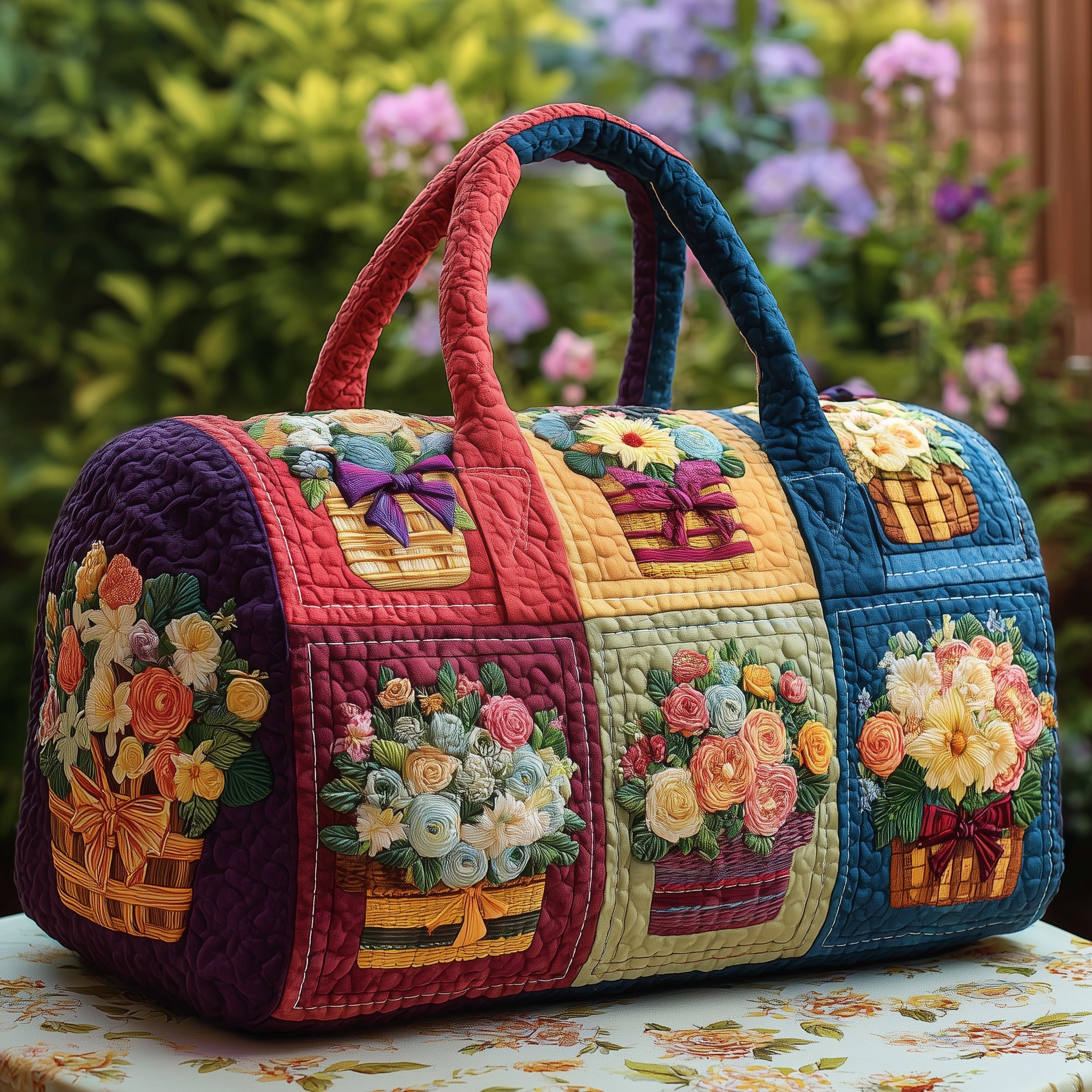 Floral Garden Quilted Duffle Bag For Office And Campus