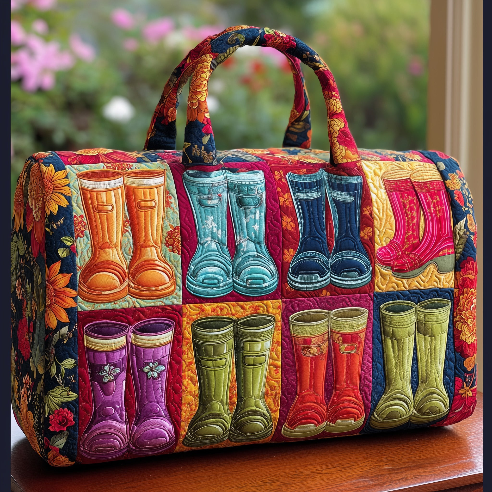 Floral Garden Quilted Duffle Bag Travel Friendly Design