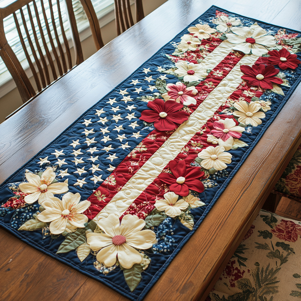 Floral Glory Quilted Table Runner Holiday Table Throw Patriotic Gift Items