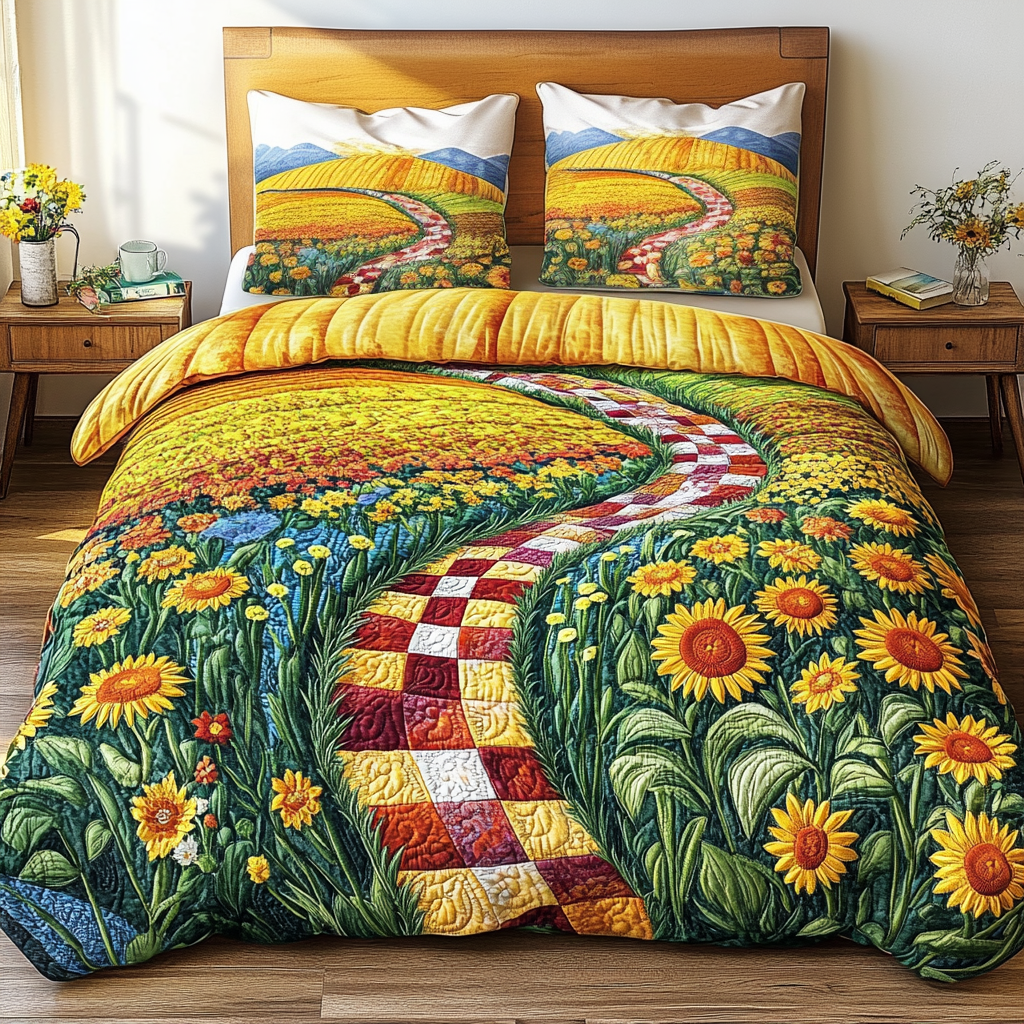 Floral Gold Quilted Bedding Set Unique Bed Sheet Set Sunflower Gifts For Her