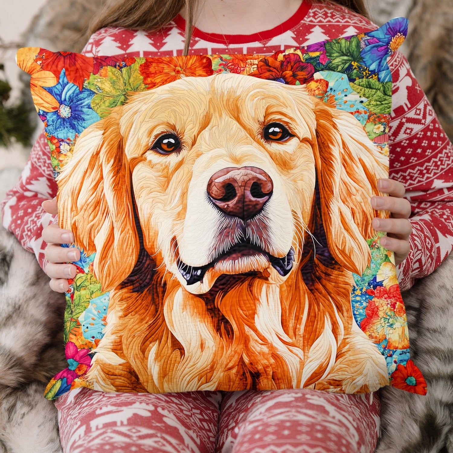 Floral Golden Retriever Quilted Pillow Case Winter Throw Pillow for Home