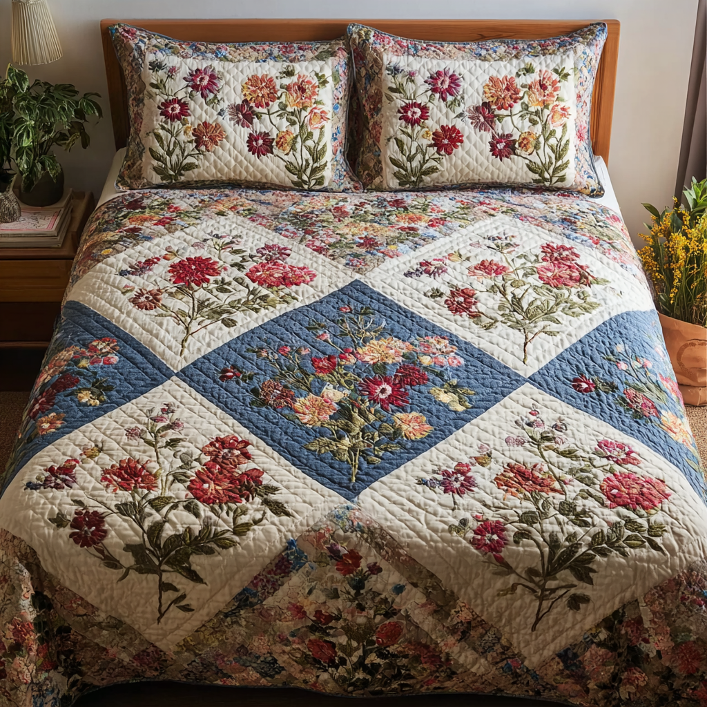 Floral Grace Quilted Bedding Set Personalized Bedding Set Gift for Couples