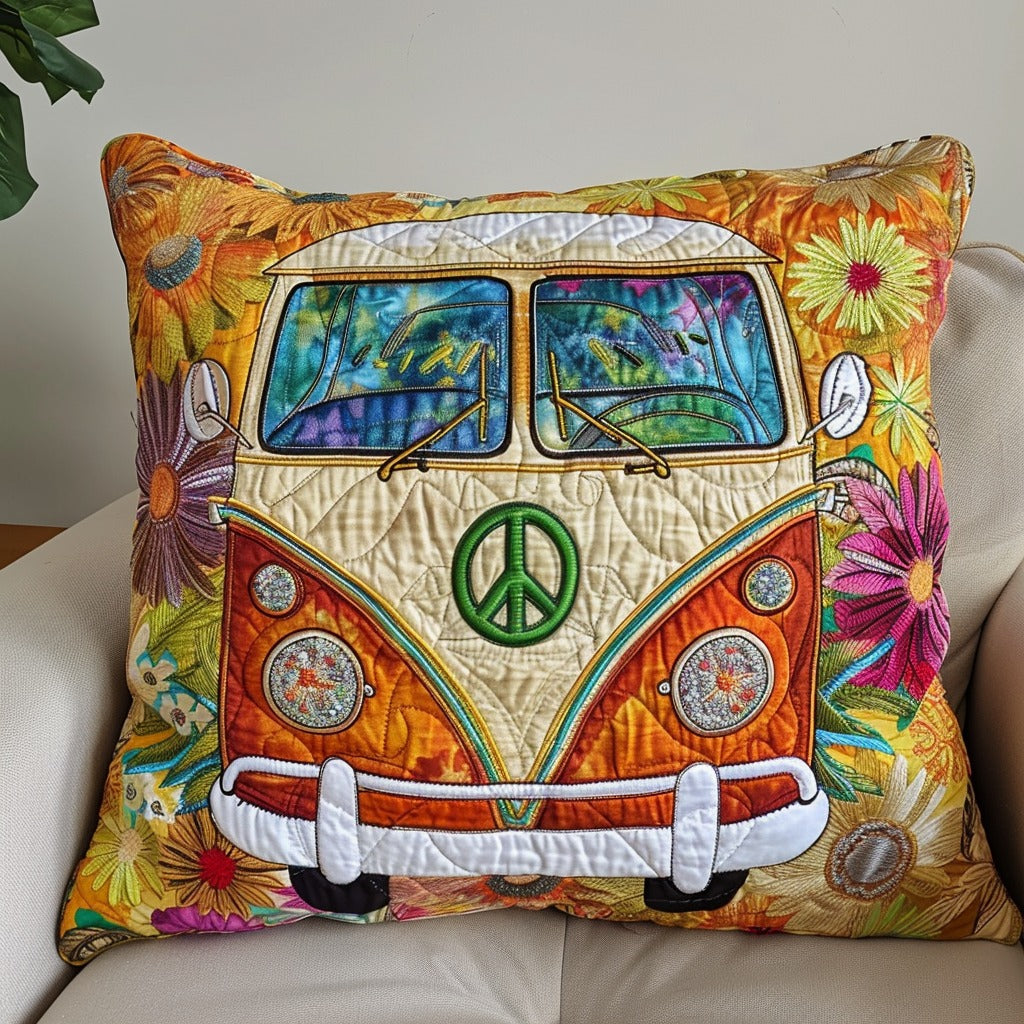 Floral Groovy Camper Van Quilted Pillow Case Hippie Home Decor Unique Gifts For Friends