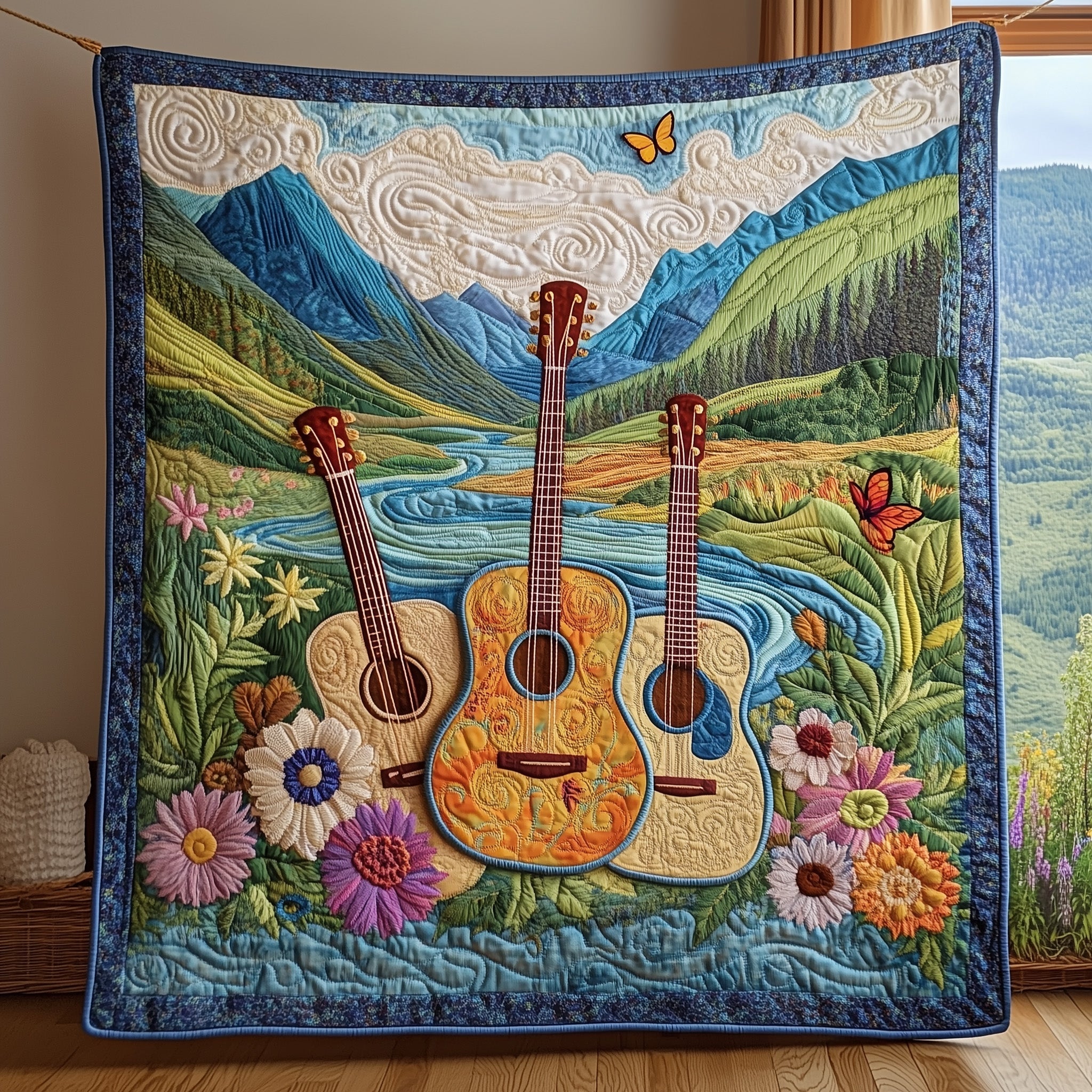 Floral Guitar Quilted Blanket Cute Soft BlanketGuitar Themed Christmas Gifts