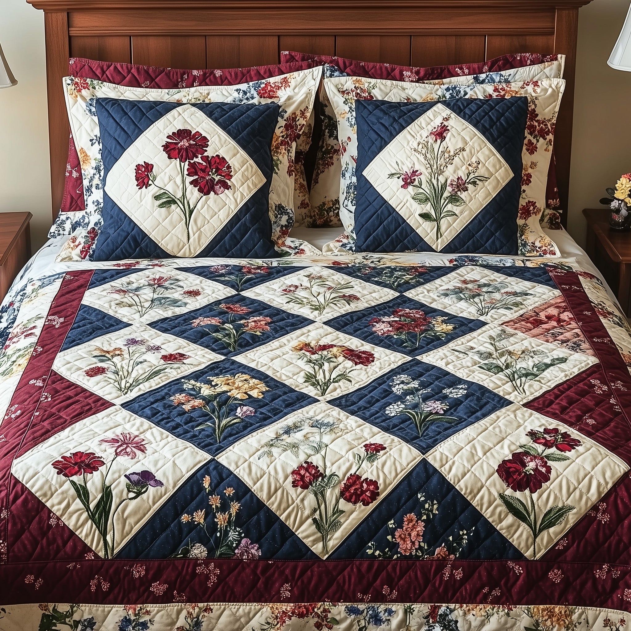 Floral Harmony Patchwork Quilted Bedding Set Duvet Cover Bed Sheet Gifts For Mum From Daughter