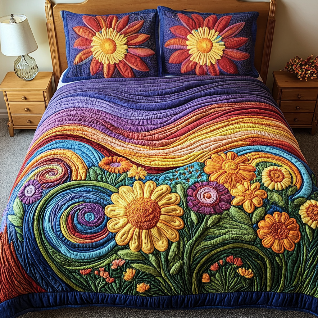 Floral Harmony Quilted Bedding Set Cute Bedroom Decor Gifts For Sunflower Lovers