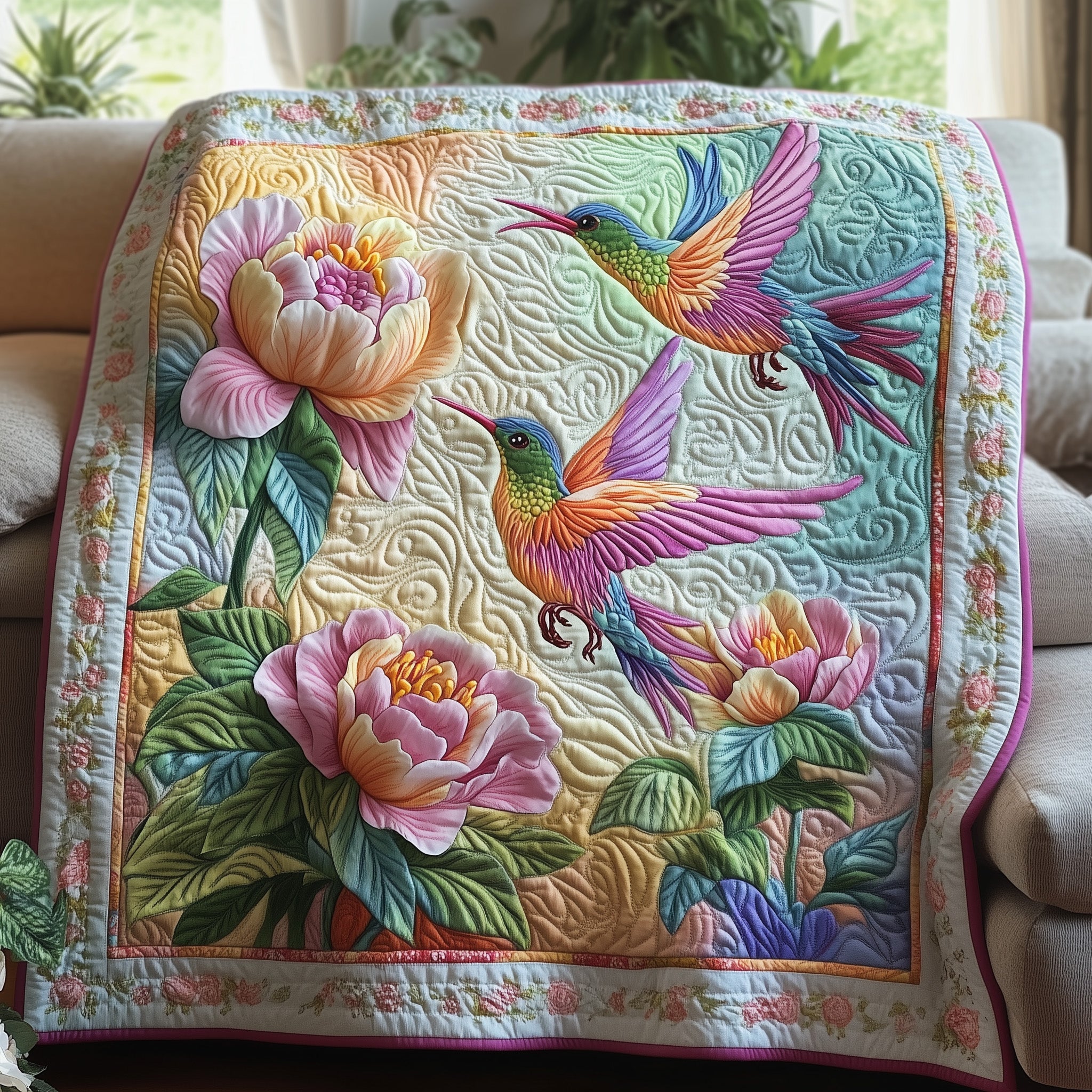 Floral Harmony Quilted Blanket Cute Soft BlanketBest Gifts For Hummingbird Lovers