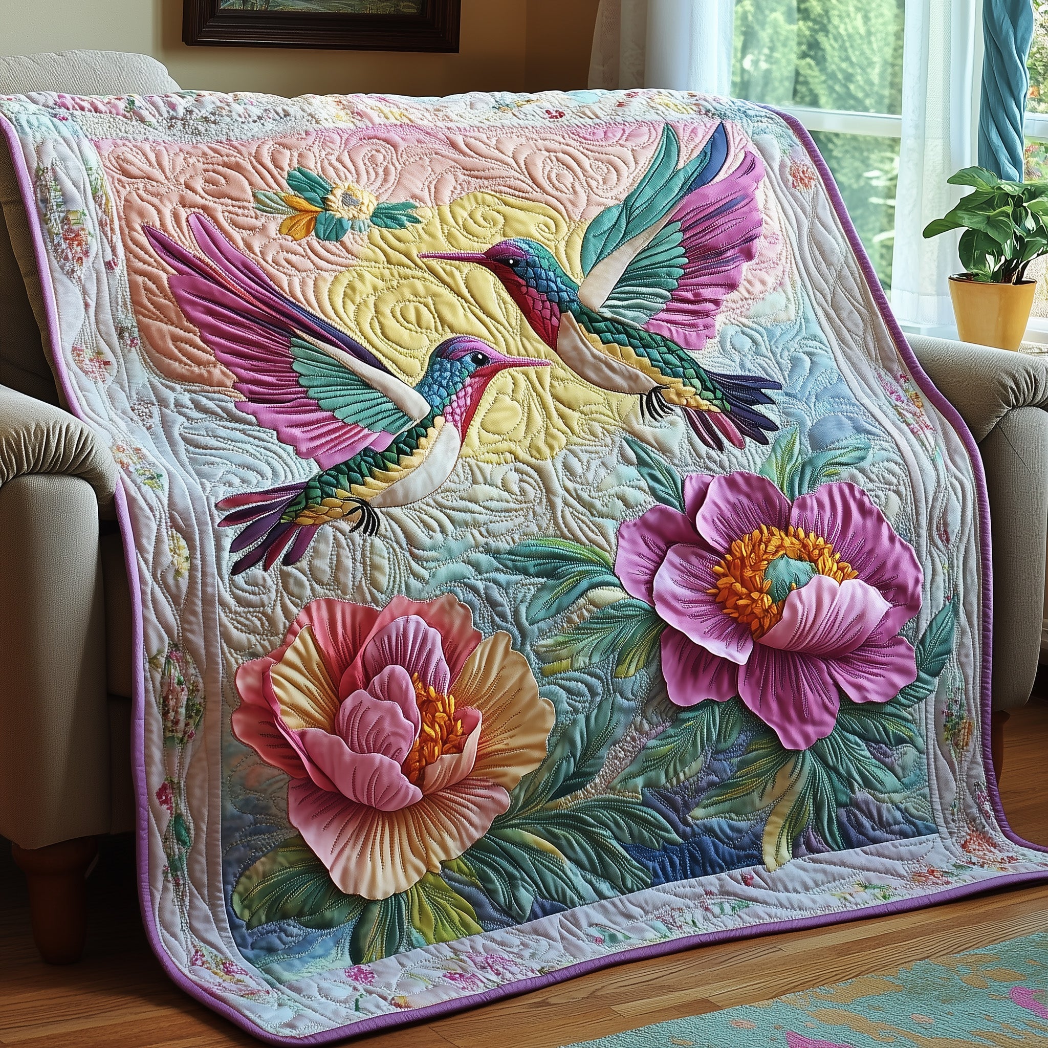 Floral Harmony Quilted Blanket Cute Soft BlanketHummingbird Gifts For Grandma