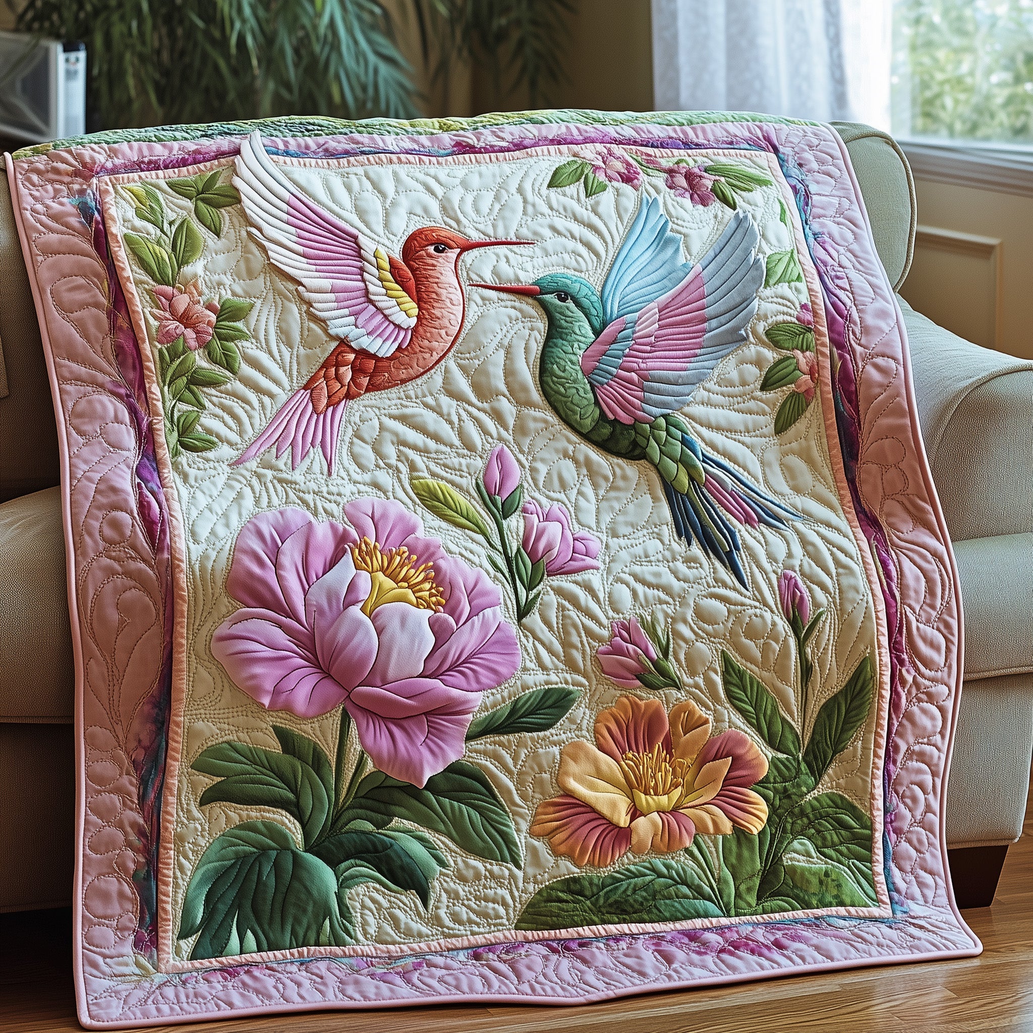 Floral Harmony Quilted Blanket Cute Soft BlanketHummingbird Gifts For Him Christmas