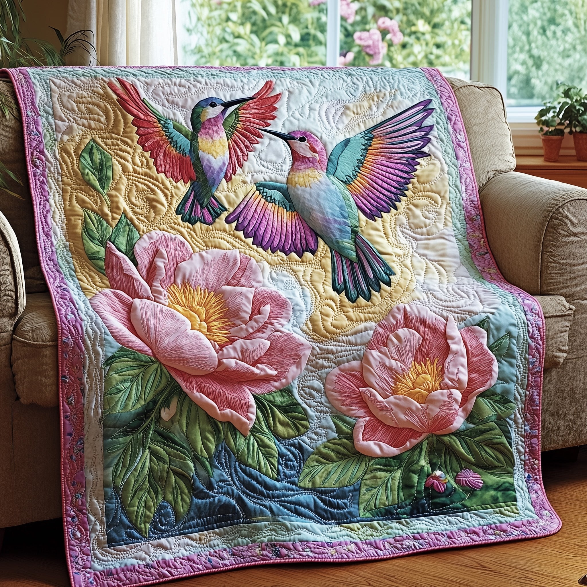 Floral Harmony Quilted Blanket Cute Soft BlanketHummingbird Gifts For Mom Mother's Day