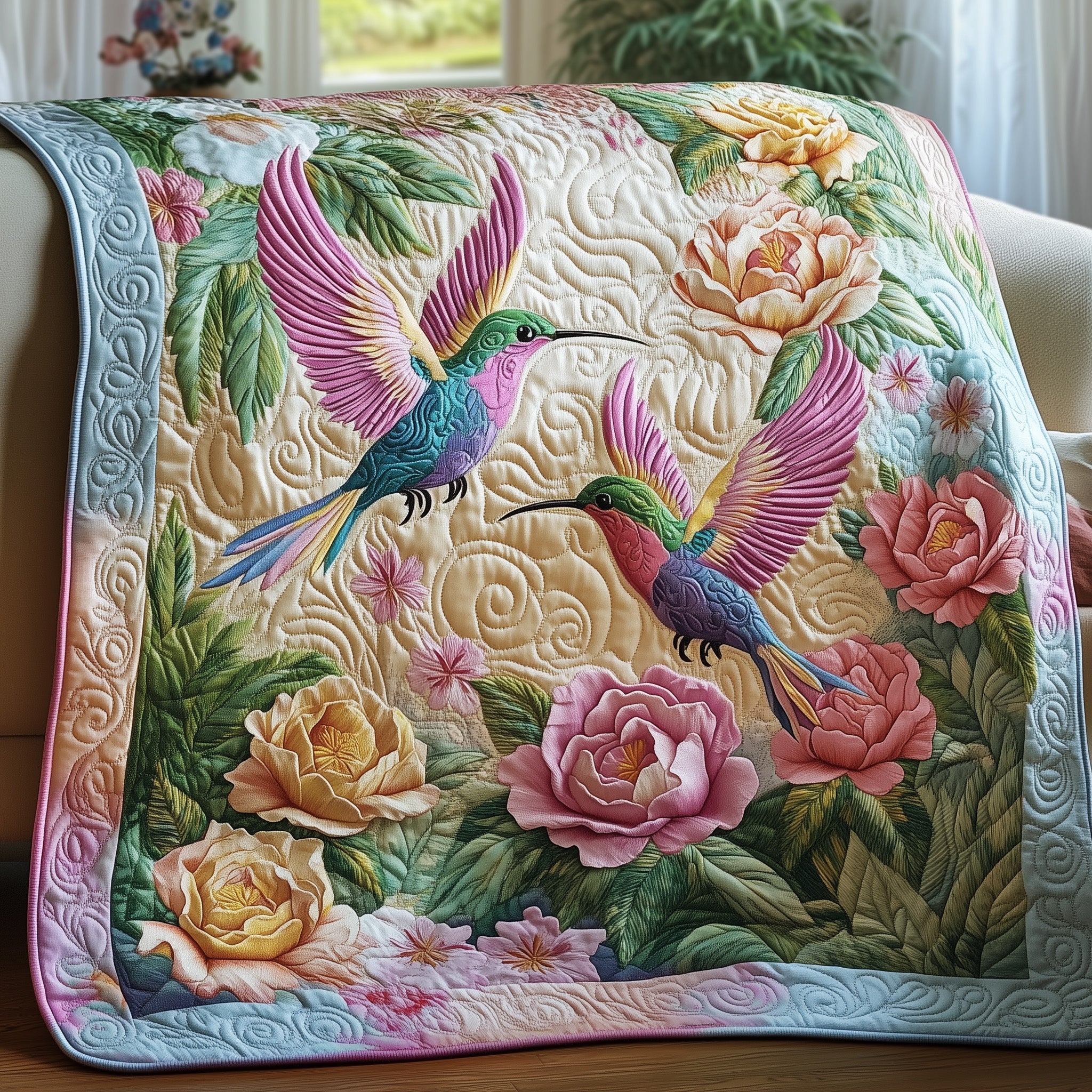 Floral Harmony Quilted Blanket Cute Soft BlanketHummingbird Mother's Day Gifts