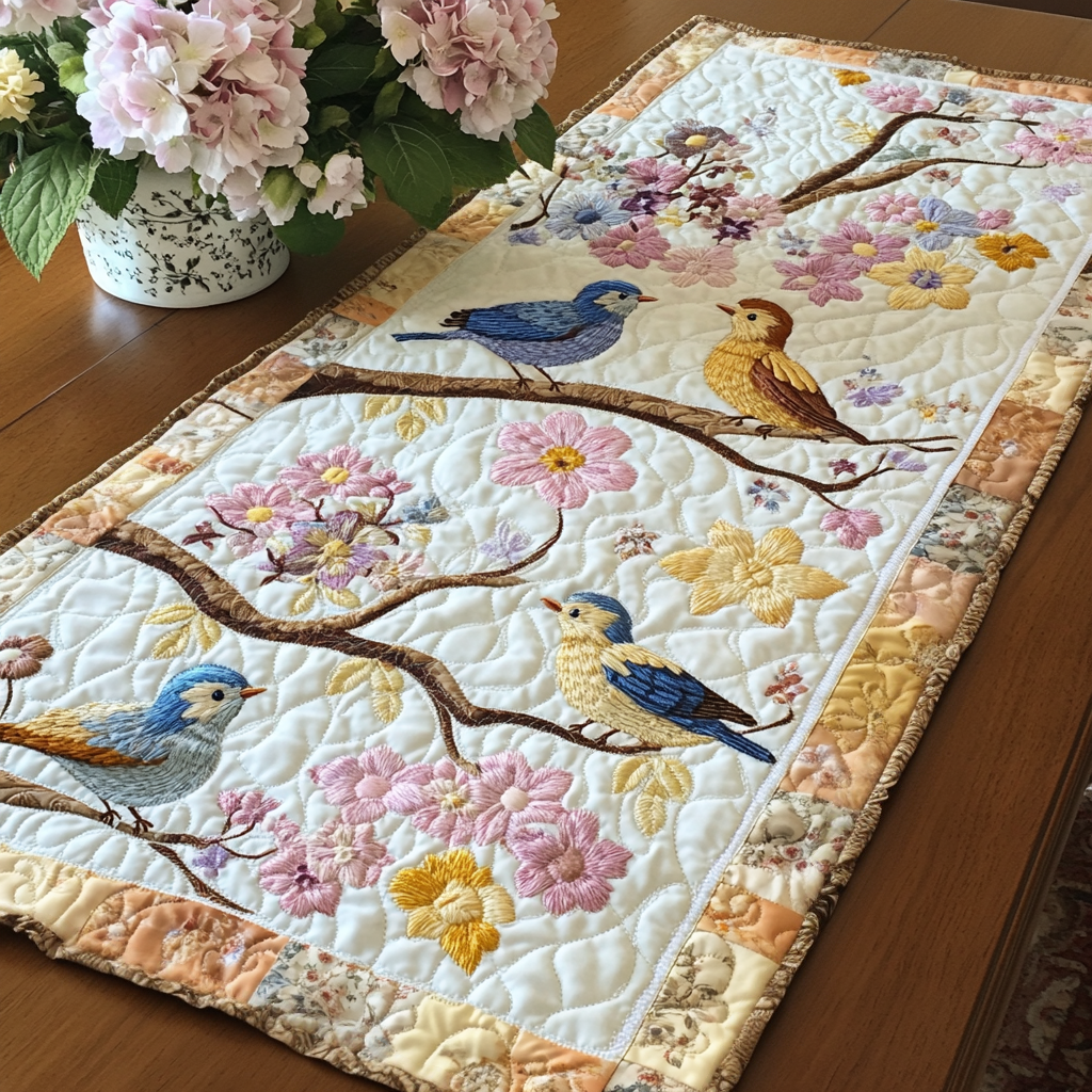Floral Harmony Quilted Table Runner Spring Table Runner Gift For Bird Lover