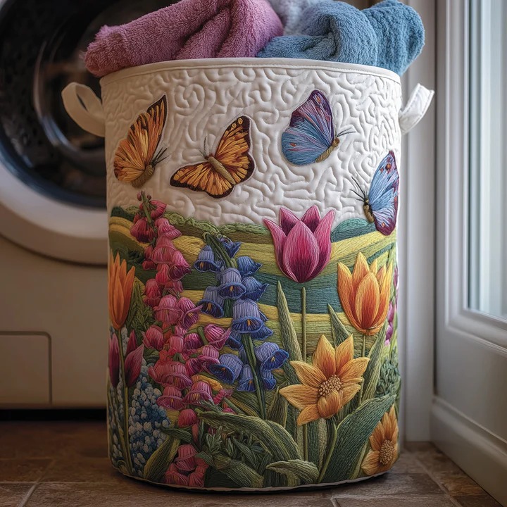Floral Harmony Wildflower Garden Quilted Laundry Basket Boho Home Storage Best Gift For Garden Lovers