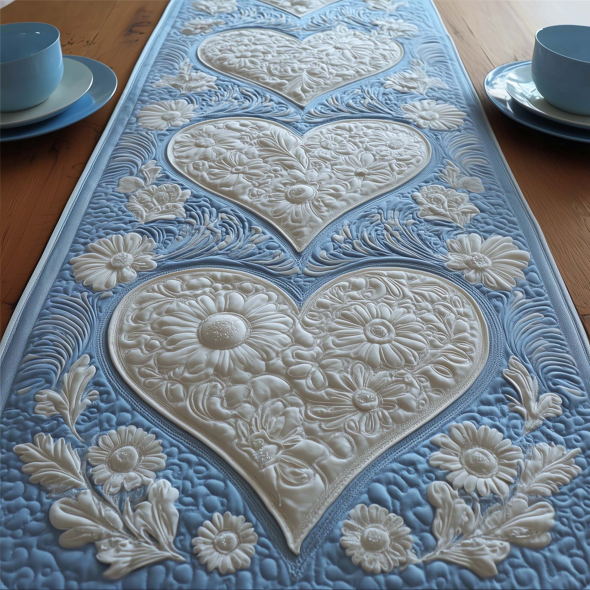 Floral Heart Quilted Table Runner Seasonal Tabletop Decor Gift For Kitchen Dining Space
