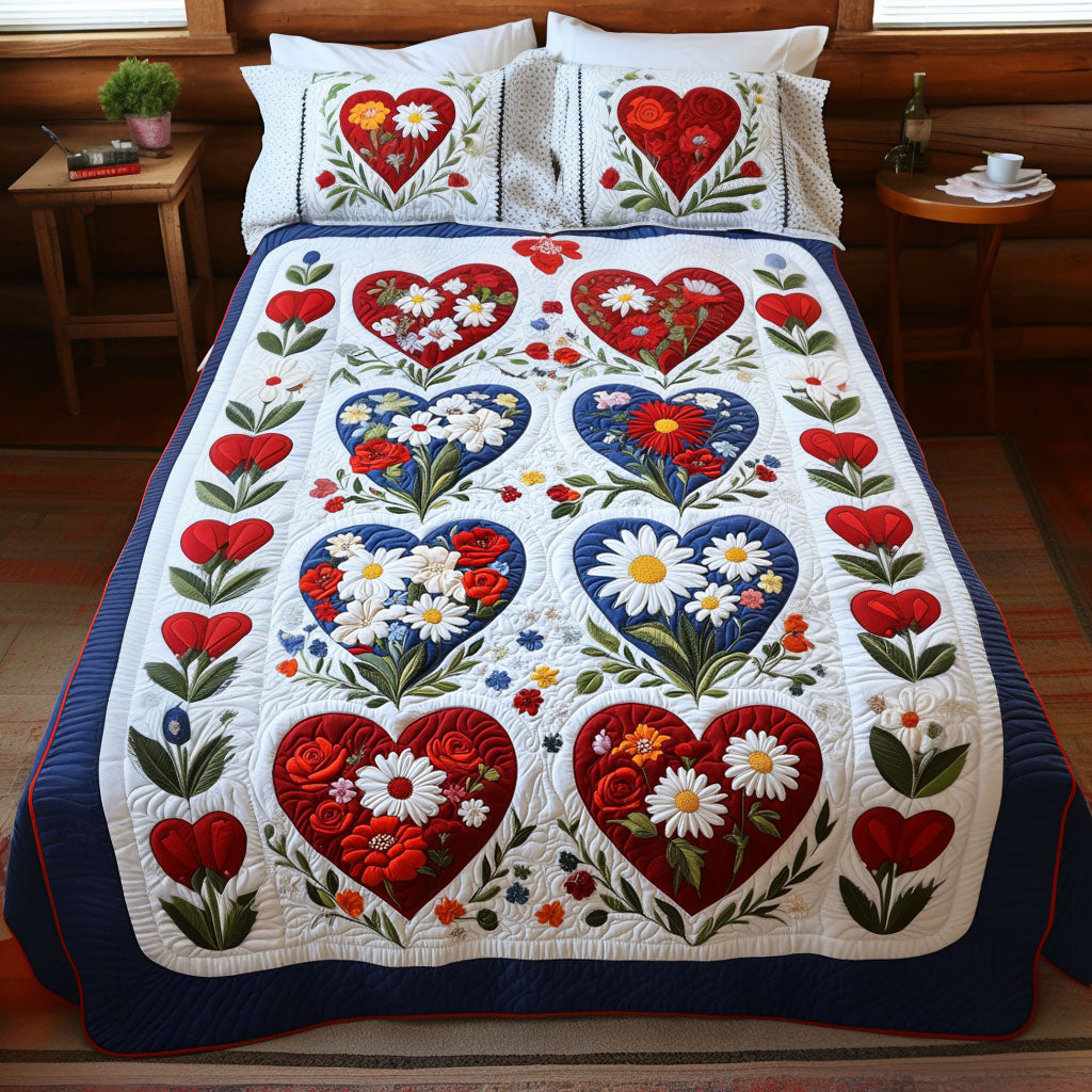 Floral Heart Symphony Quilted Bedding Set High-Quality Cotton Bedding Set for Deep Sleep
