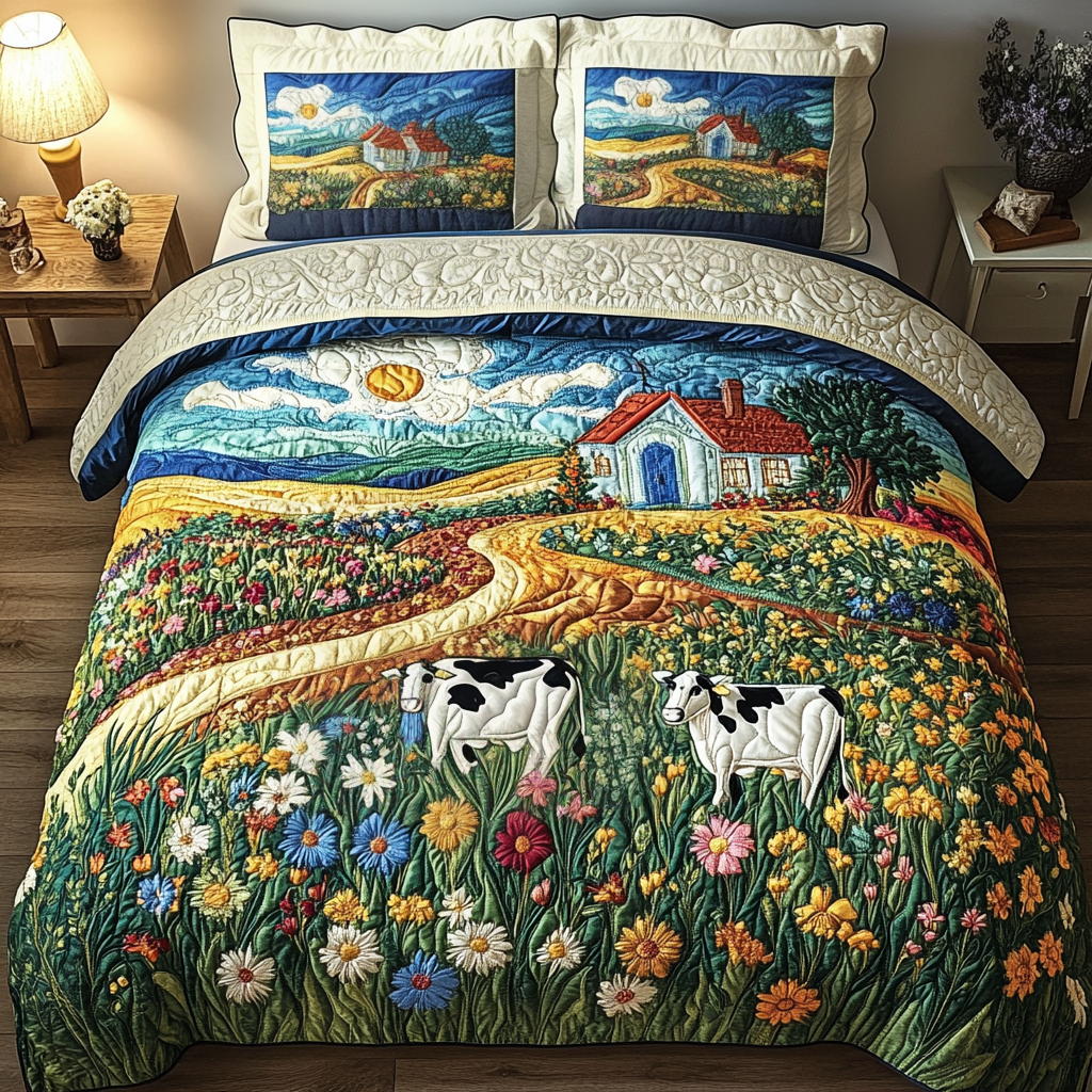 Floral Herd Quilted Bedding Set Bedroom Decor Ideas Cow Themed Gifts