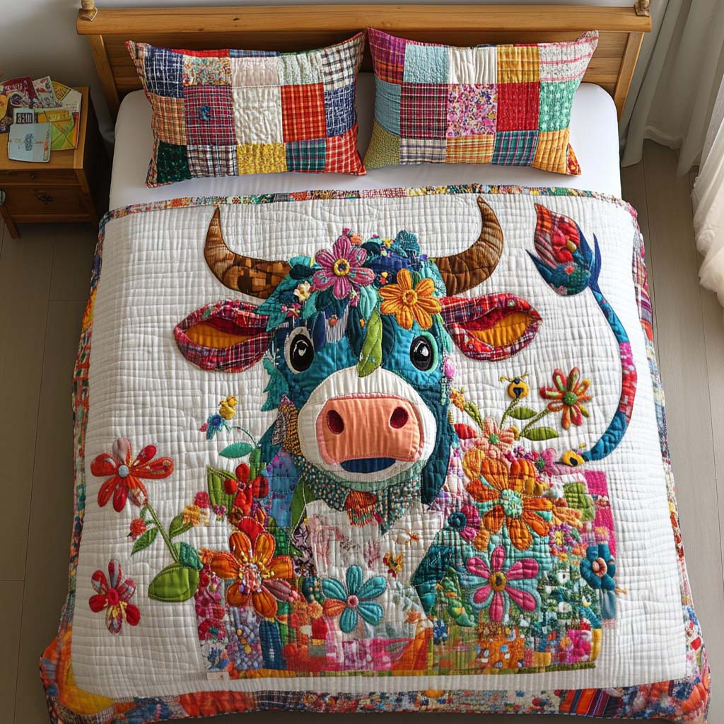 Floral Highland Cow Quilted Bedding Set Best Comforter Sets Highland Cow Gift Ideas
