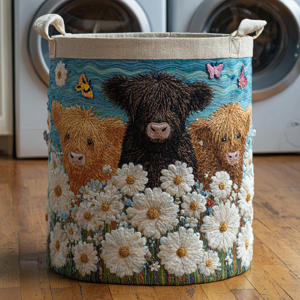 Floral Highland Cow Quilted Laundry Basket Trendy Quilted Laundry Tote for Home and Dorm