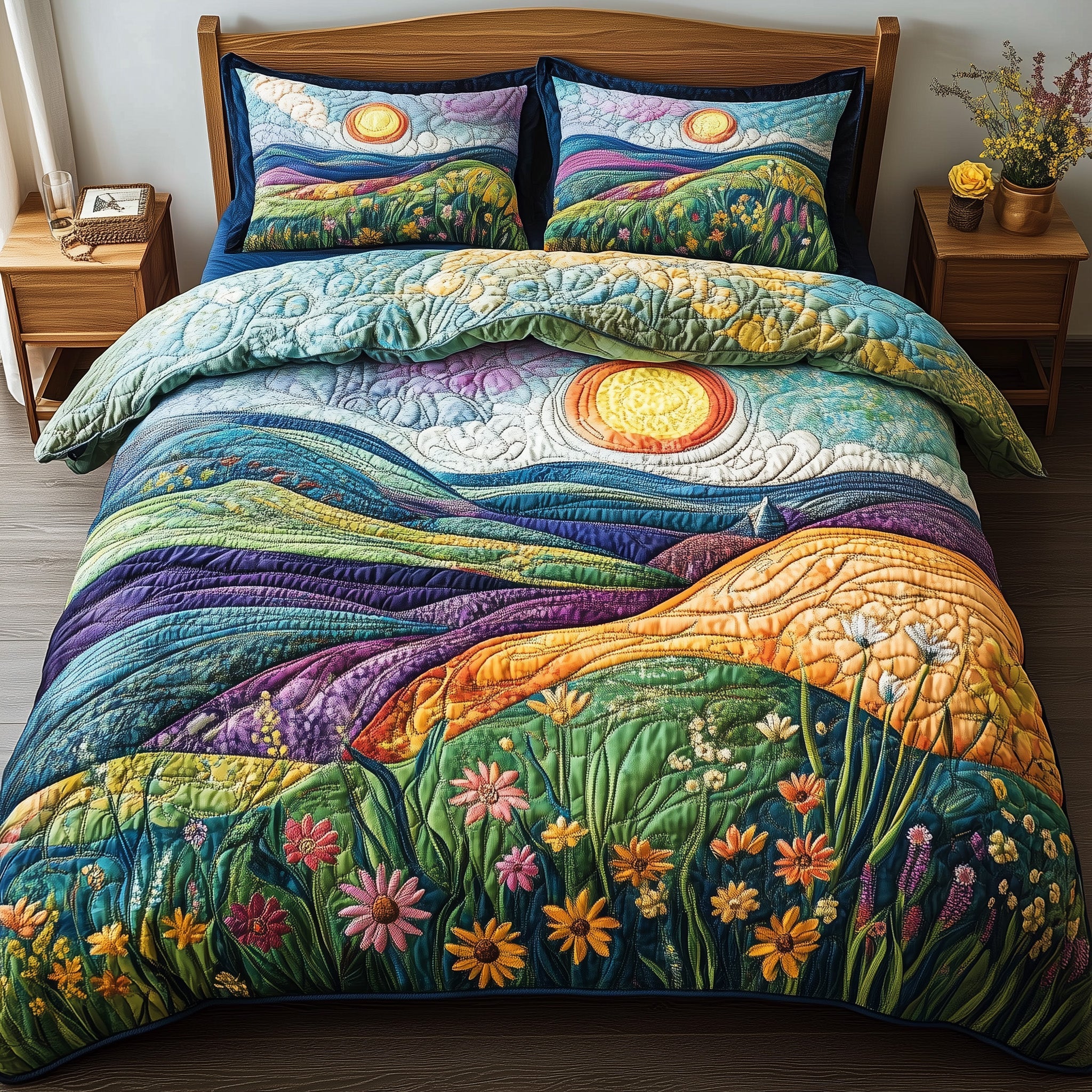 Floral Hill Quilted Bedding Set Spring Landscape Best Natural Landscape Bedroom Gifts