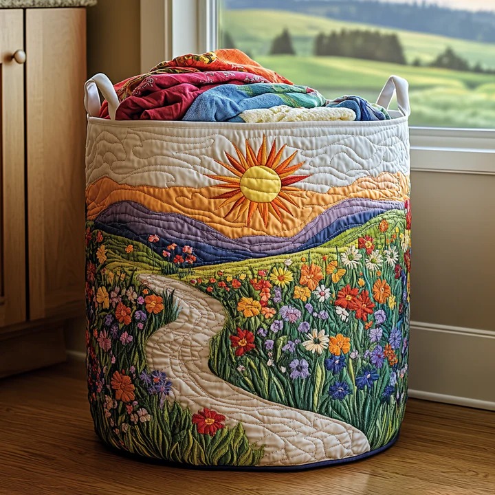 Floral Horizon Landscape Garden Quilted Laundry Basket Country Home Decor Best Gift For Nature Lovers