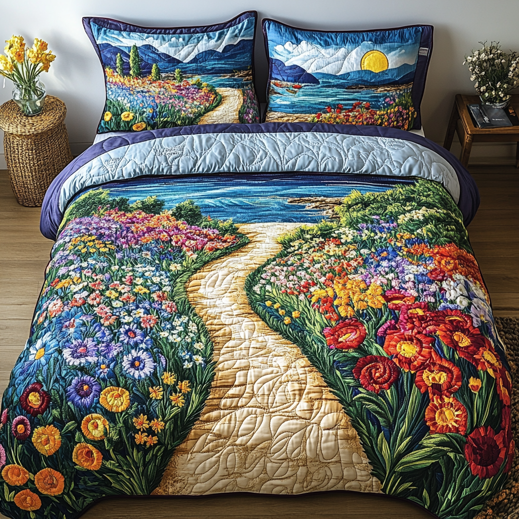 Floral Horizon Quilted Bedding Set Cool Bedroom Decor Best Gifts For Beach Lovers